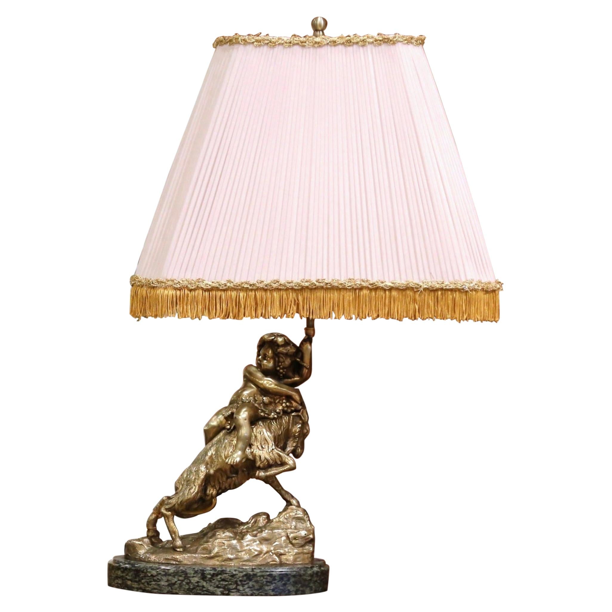 19th Century French Bronze Dore Young Bacchus and Ram Table Lamp on Marble Base