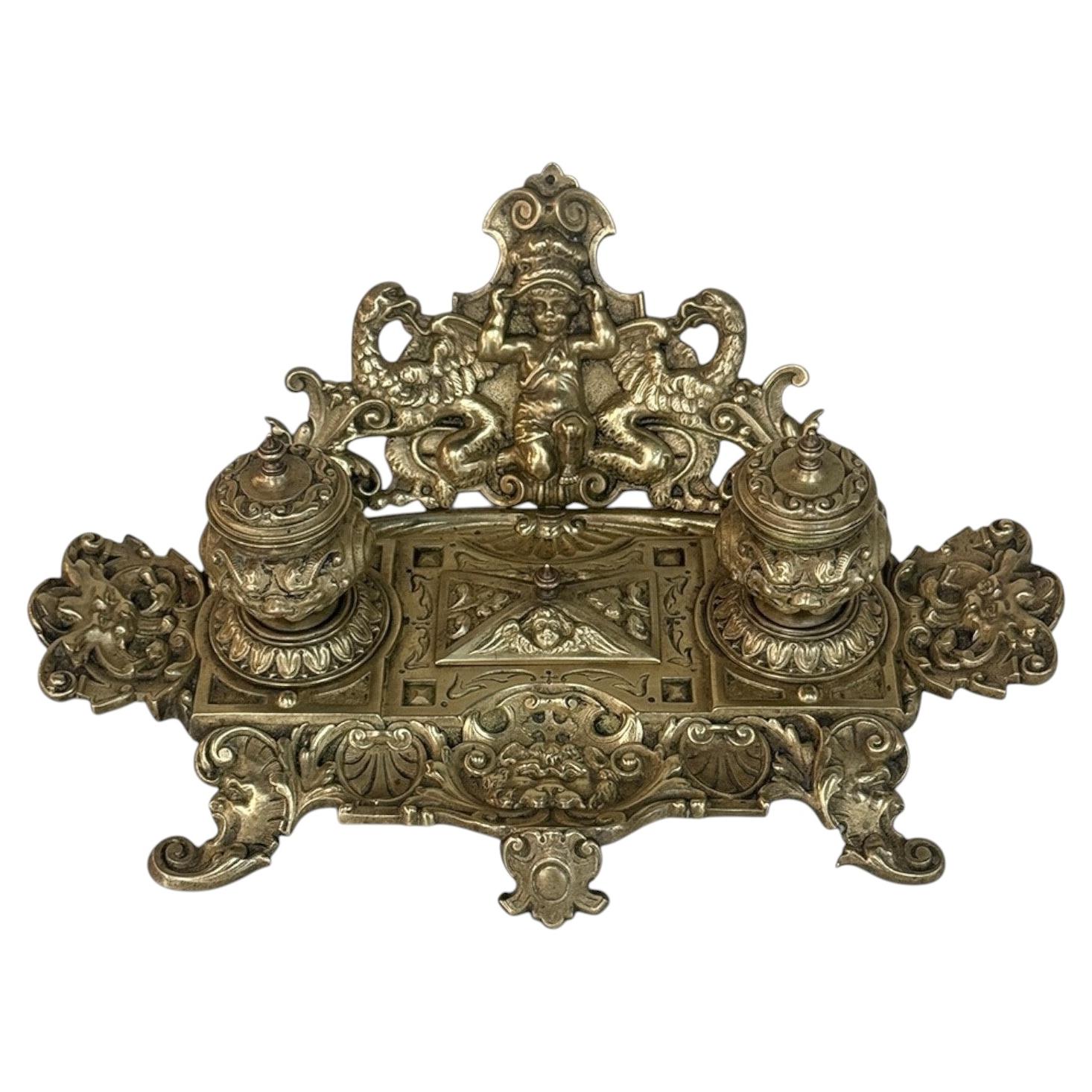 Encrier double en bronze français du XIXe siècle de style néo-renaissance
