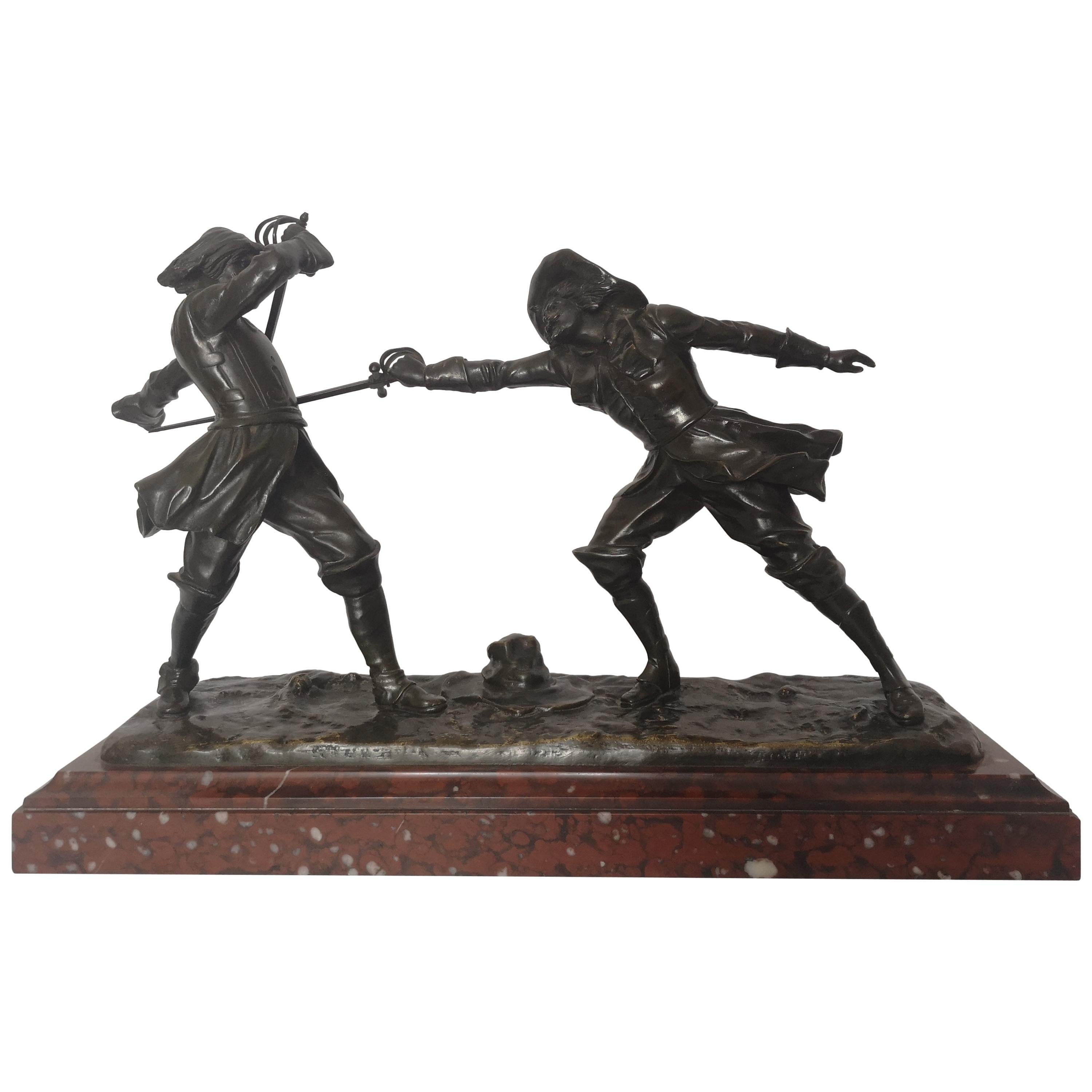 19th Century French Bronze Fencing Sculpture by Edouard Drouot For Sale