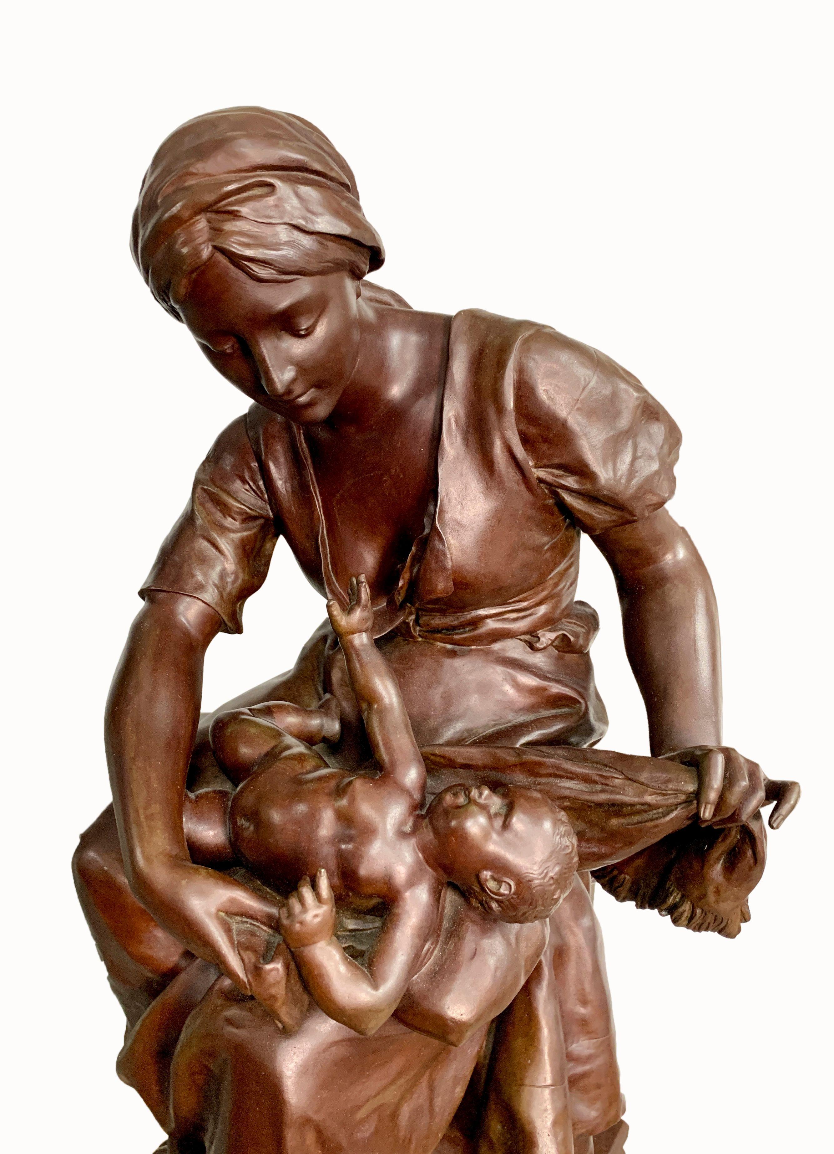 Late 19th Century 19th Century French Bronze Figural Group Depicting a Mother and Child by Detrier For Sale