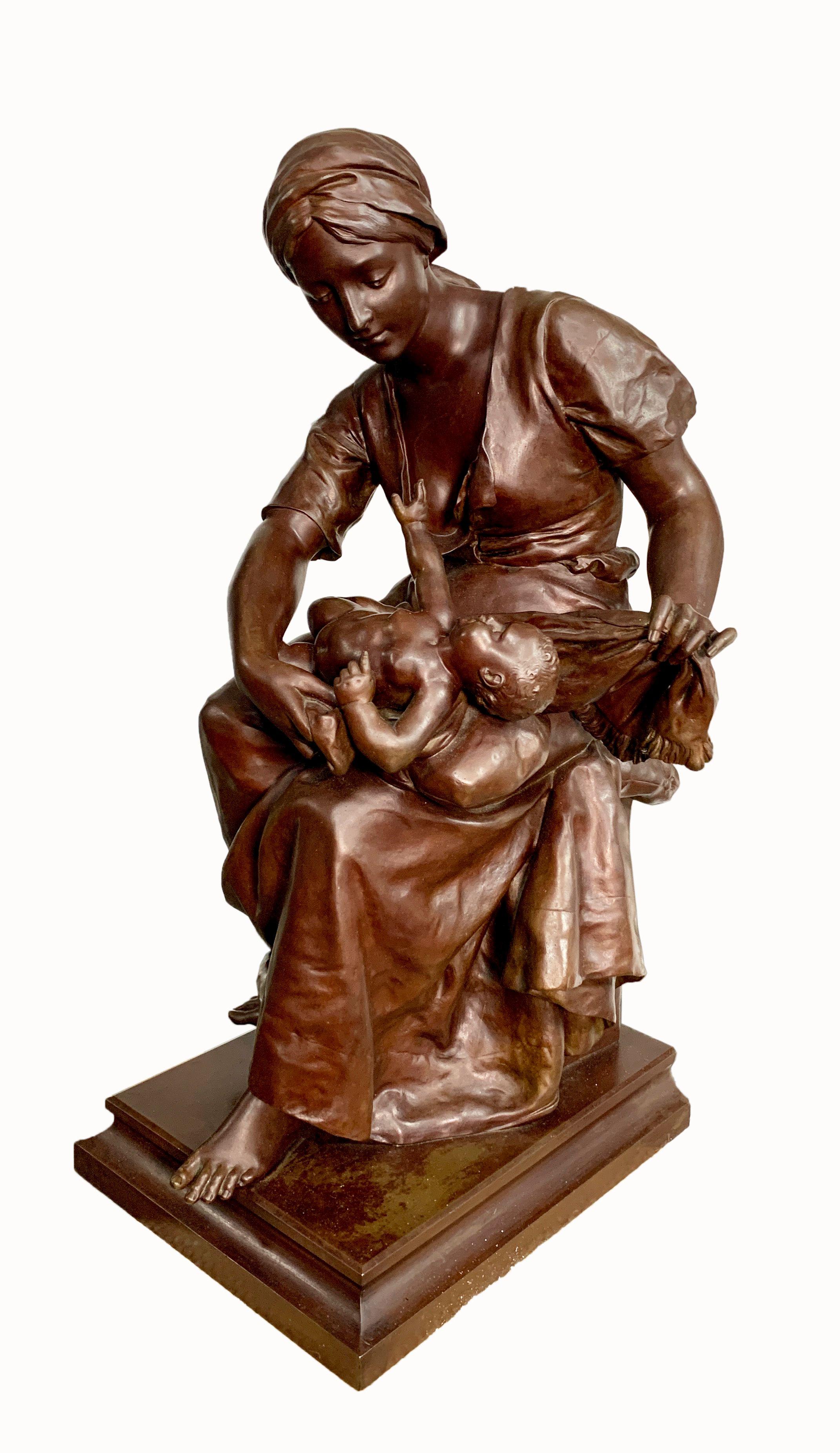 19th Century French Bronze Figural Group Depicting a Mother and Child by Detrier For Sale 2