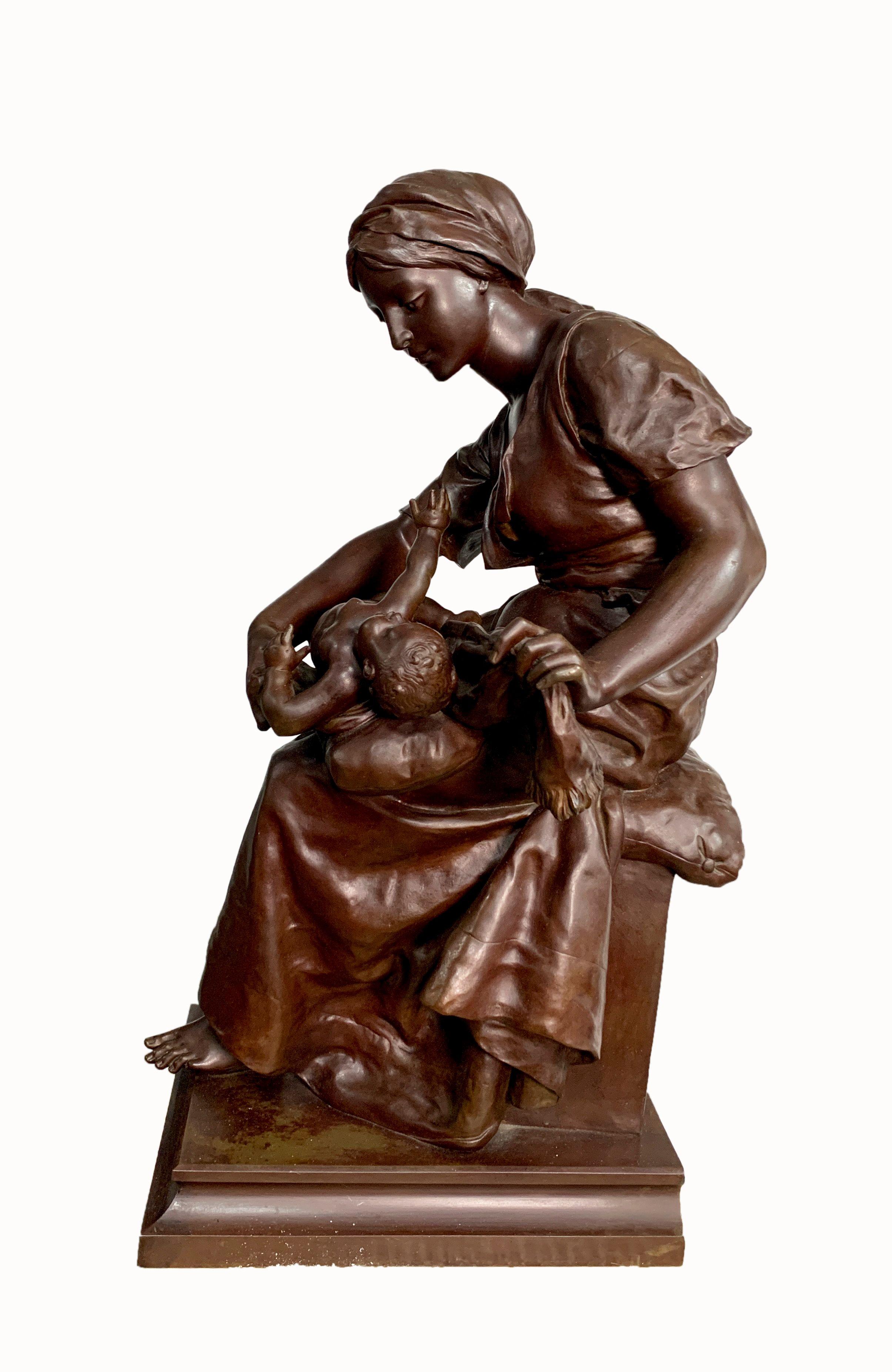 19th Century French Bronze Figural Group Depicting a Mother and Child by Detrier For Sale 3