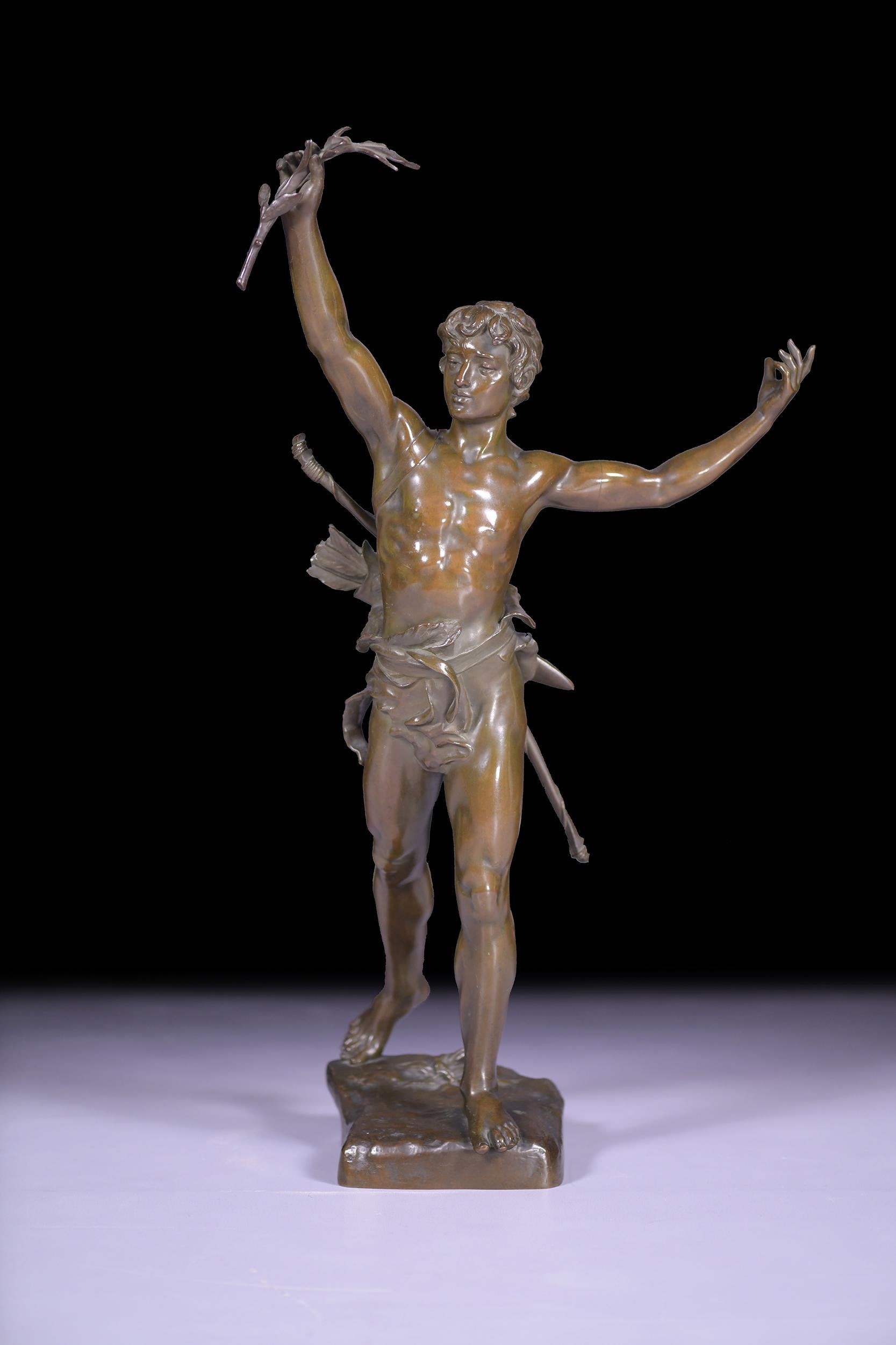 After Eugene Marioton (1854-1933), a patinated bronze model of a youth called 'Victorious Archer', the partially draped figure portrayed standing and with an arrow-filled quiver over his shoulder, holding a branch in the raised right hand.

The