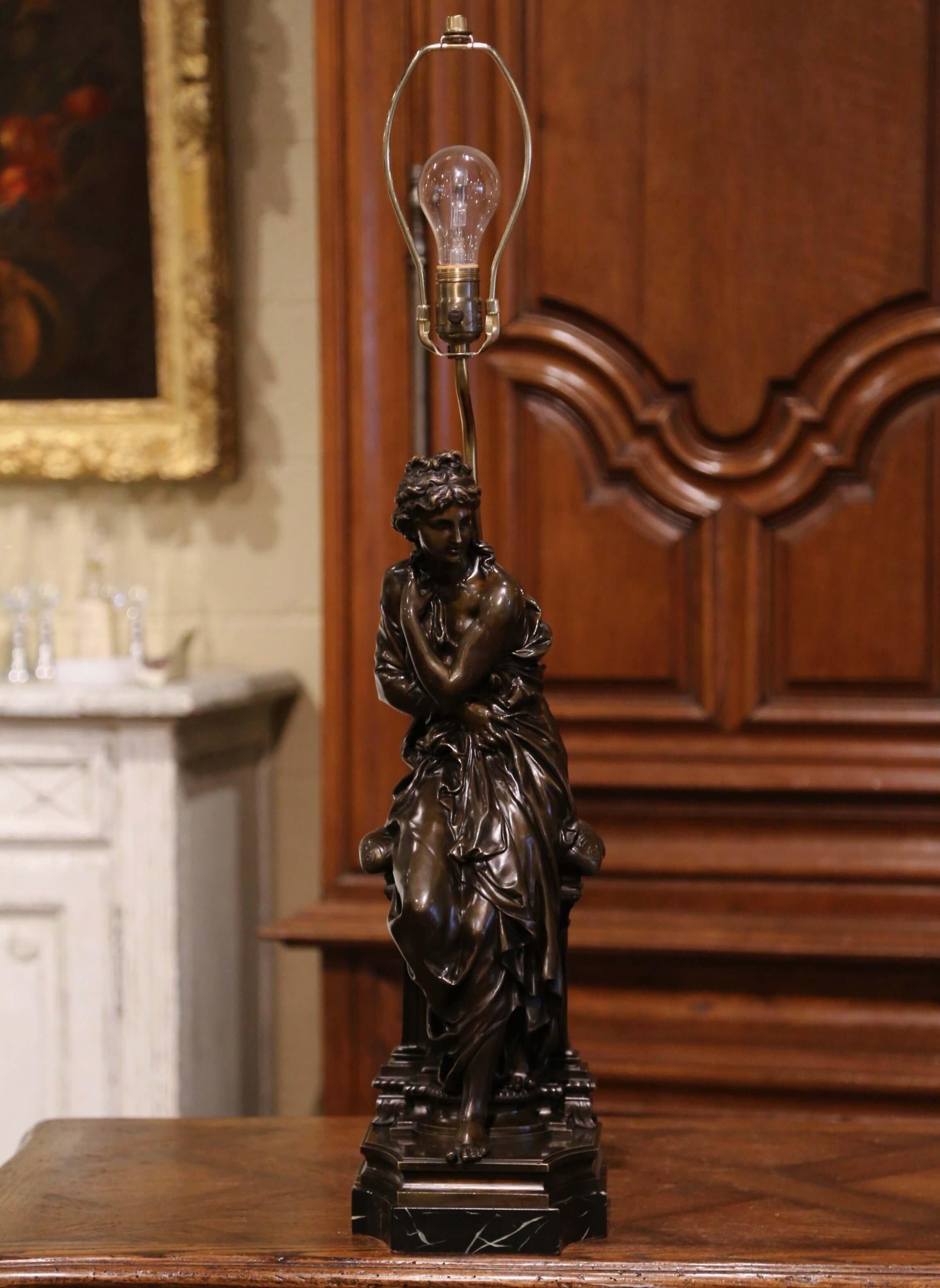 Patinated 19th Century French Bronze Figure Signed Dumaige Mounted into Table Lamp