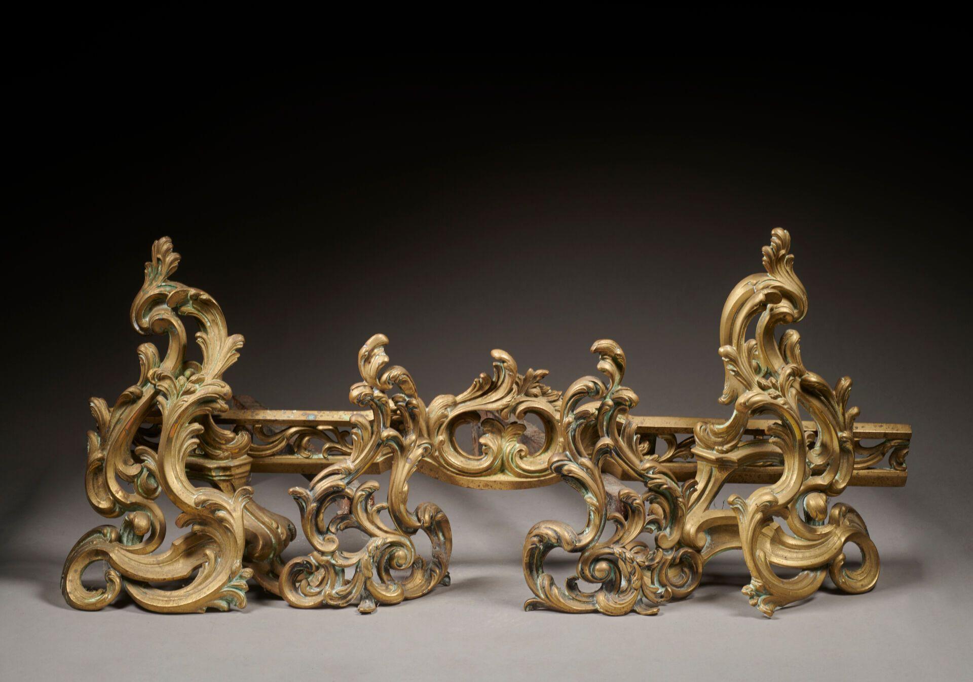 Set di cani da camino francesi della fine del XIX secolo con parafango regolabile realizzato a mano in bronzo in stile rococò.