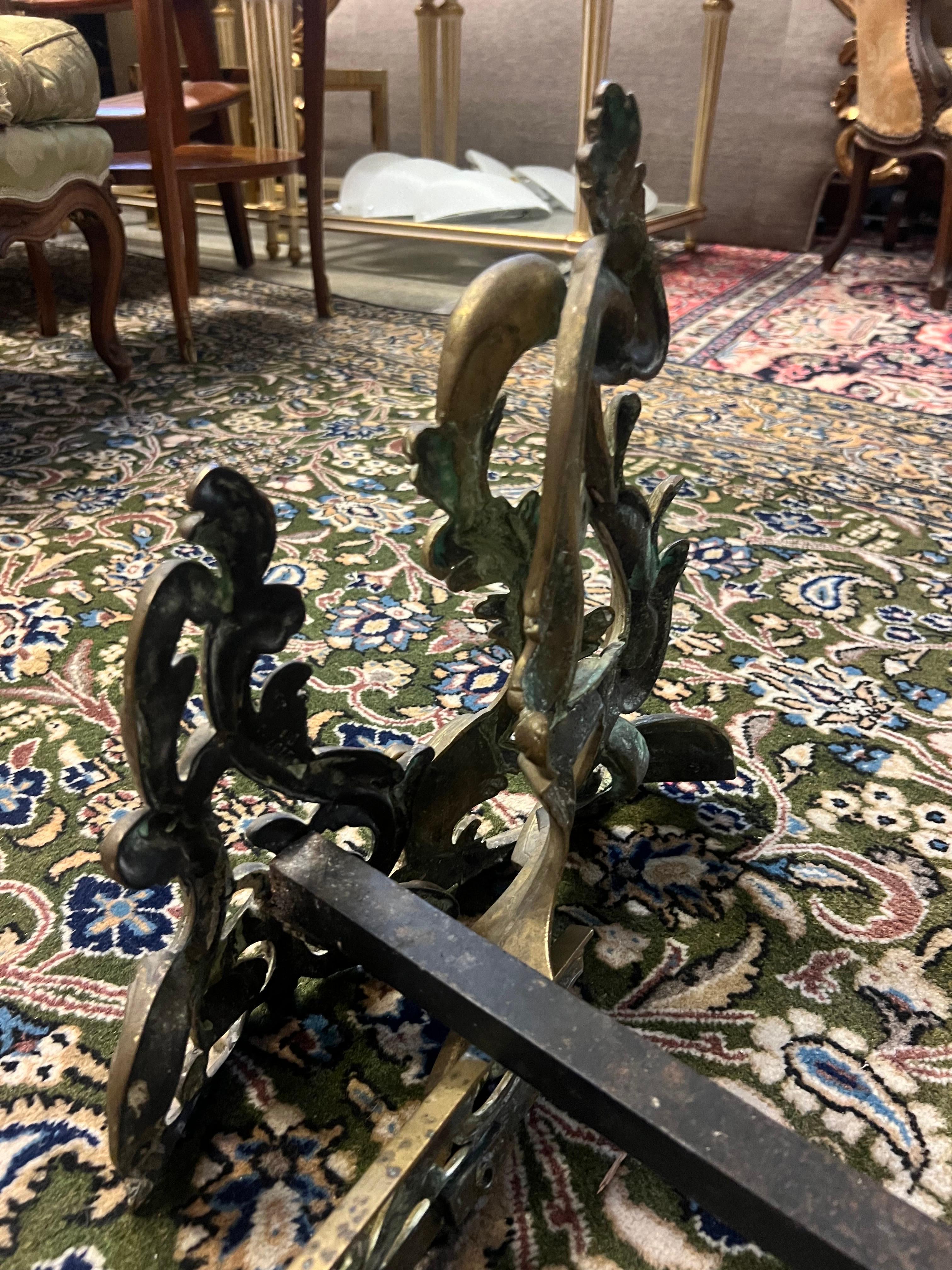Intagliato a mano Cani da camino in bronzo francese del XIX secolo con parafango in stile rococò in vendita
