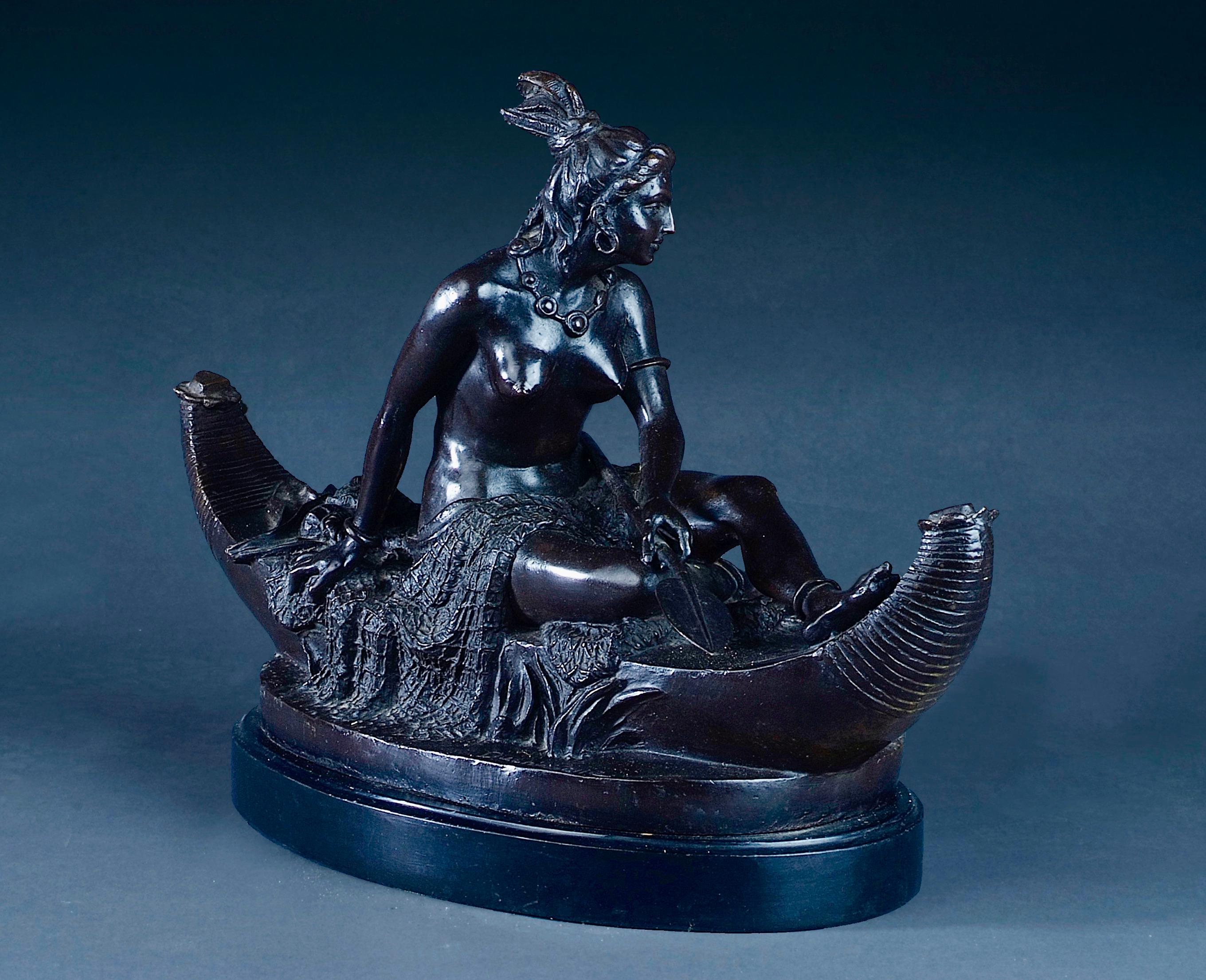 Duchoiselle-A French bronze, “Femme Indienne dans sa Piroque”, signed.