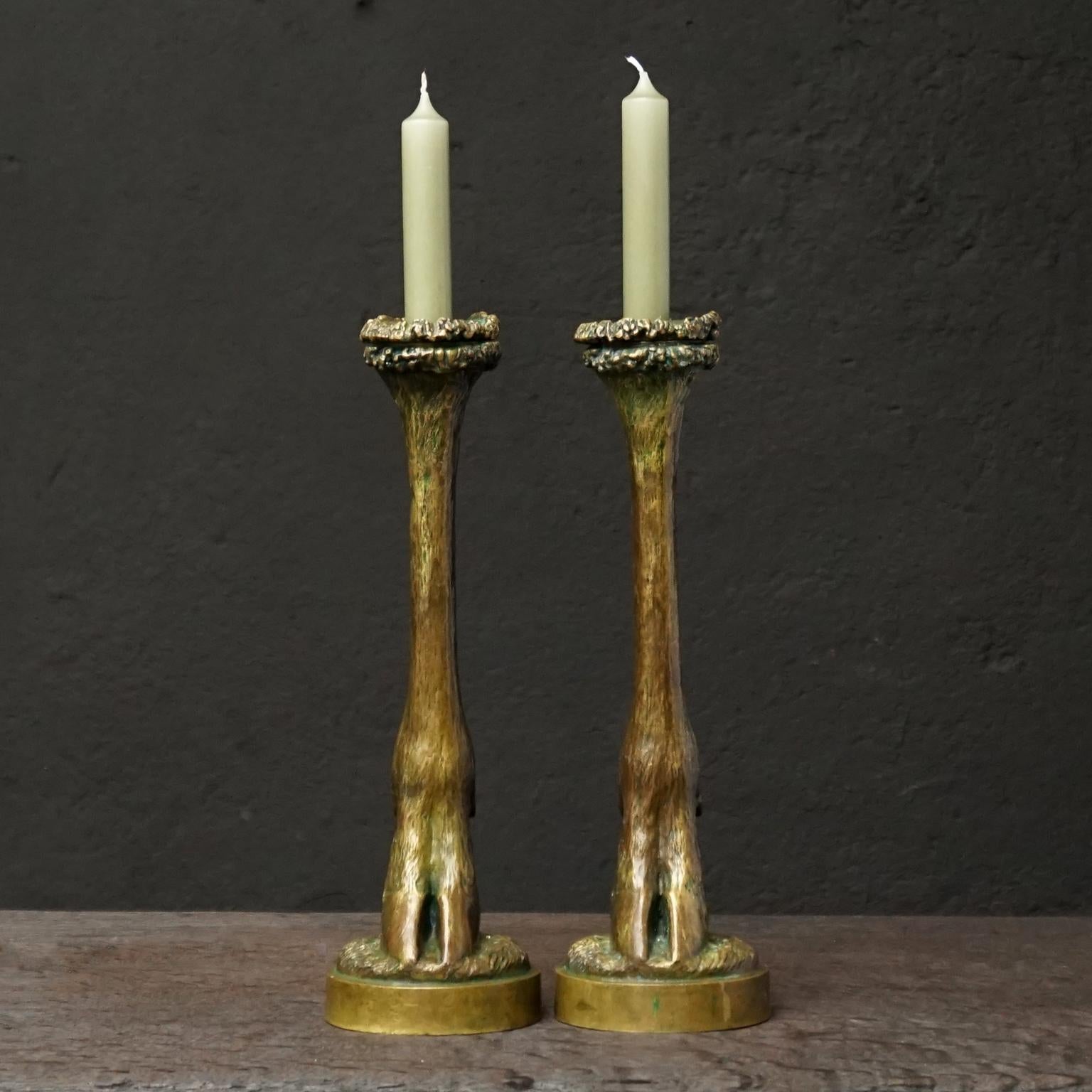 Highly decorative pair of antique 19th century French hoof shaped candlesticks in cast bronze, marked Soyer et Ingé, Fondeurs.
Very nice greenish patina from almost 200 years of use. 
This heavy bronze pair would look great in any style of