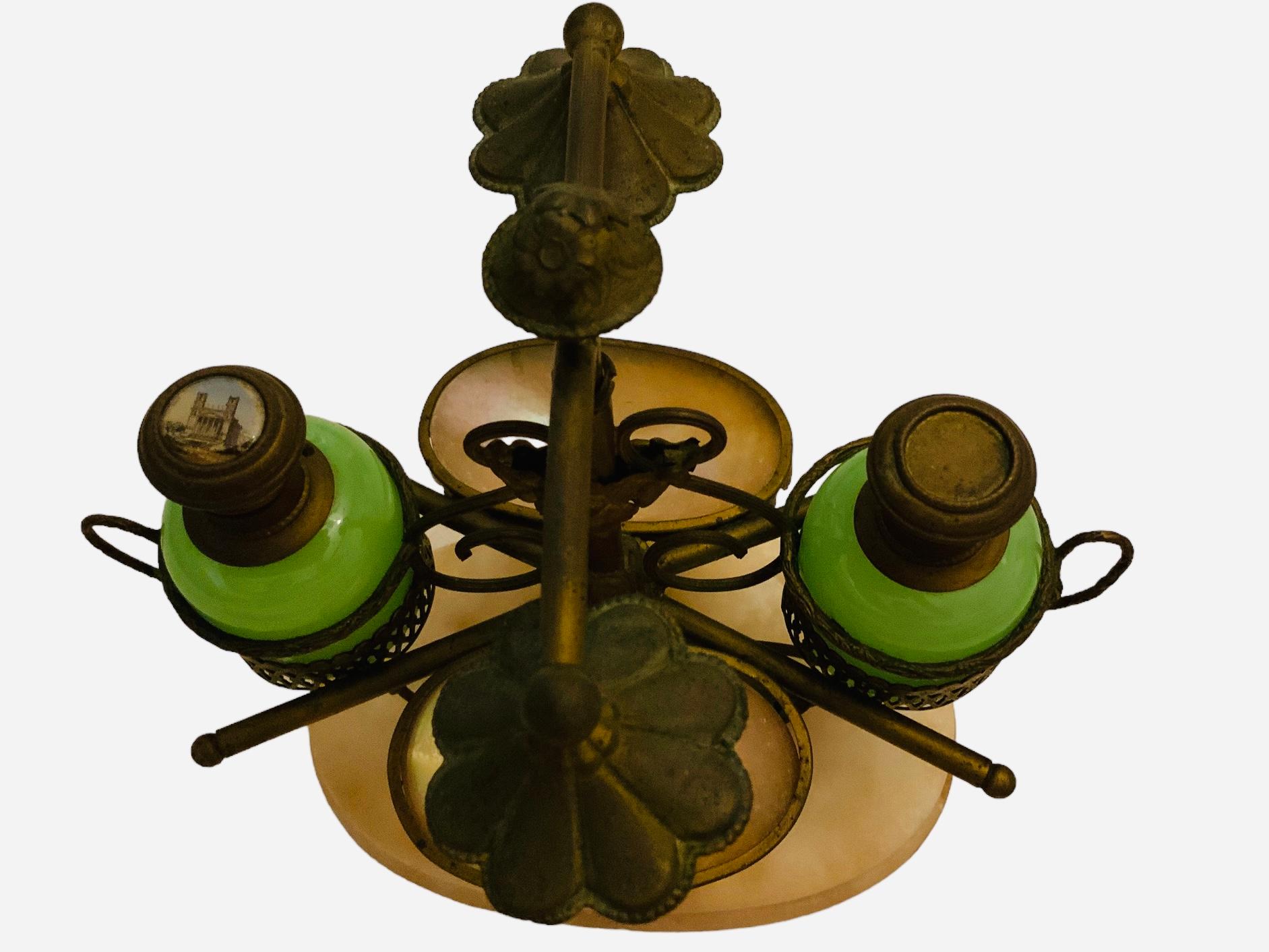 19th Century French Bronze Green Opaline Glass Inkwell Set For Sale 2