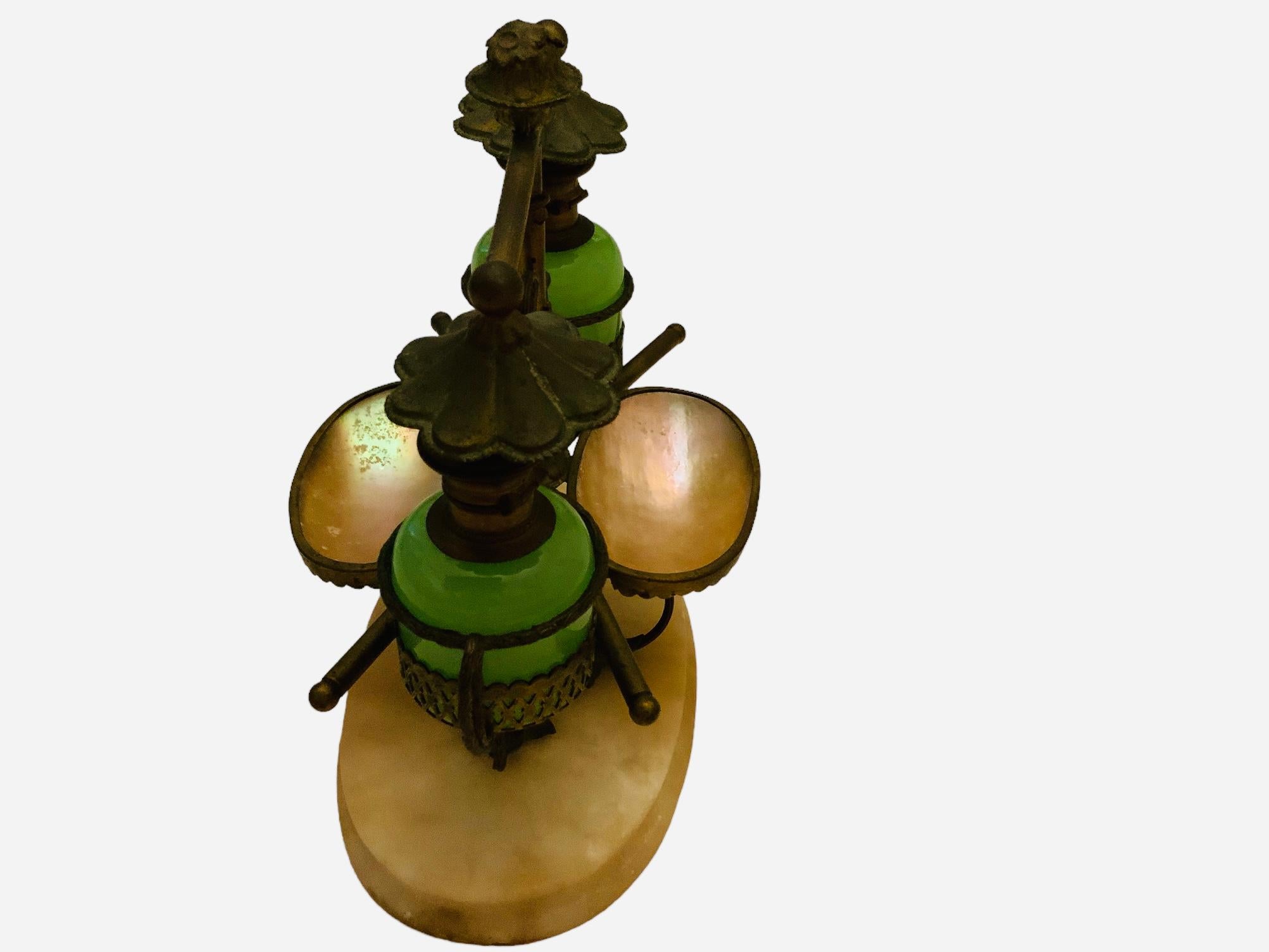 19th Century French Bronze Green Opaline Glass Inkwell Set For Sale 3
