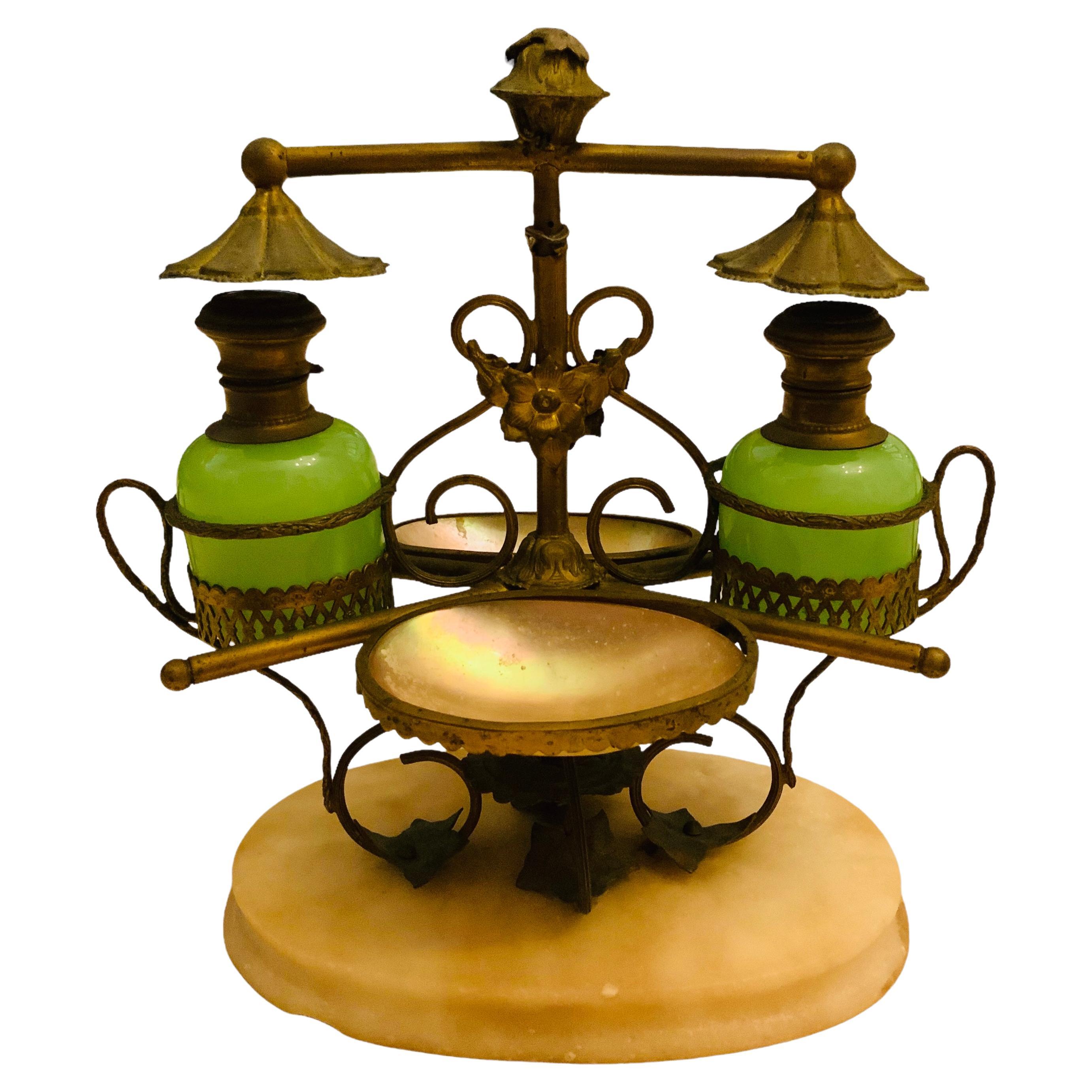19th Century French Bronze Green Opaline Glass Inkwell Set For Sale