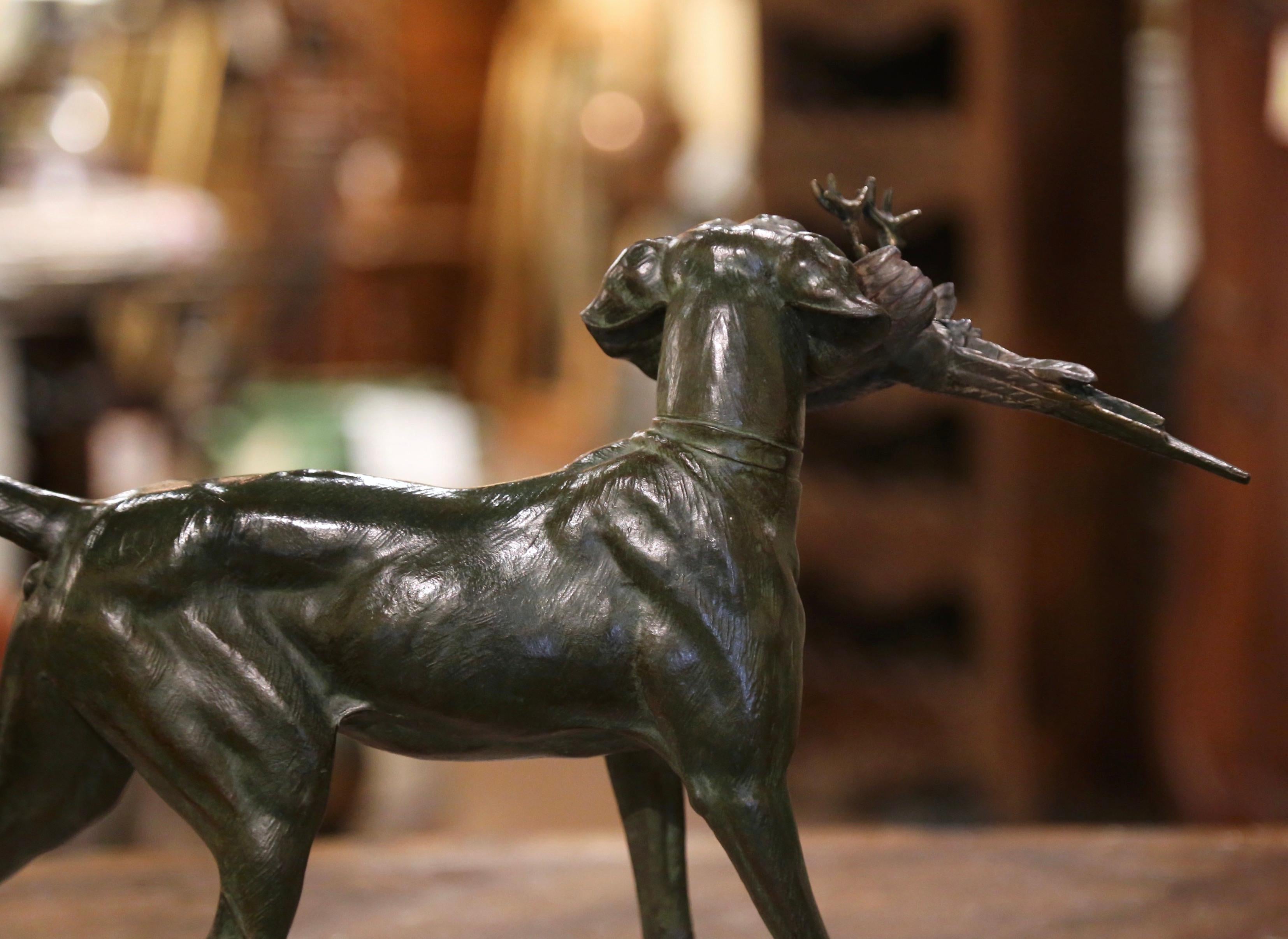  19th Century French Spelter Hunt Dog and Bird Sculpture on Marble Base  3