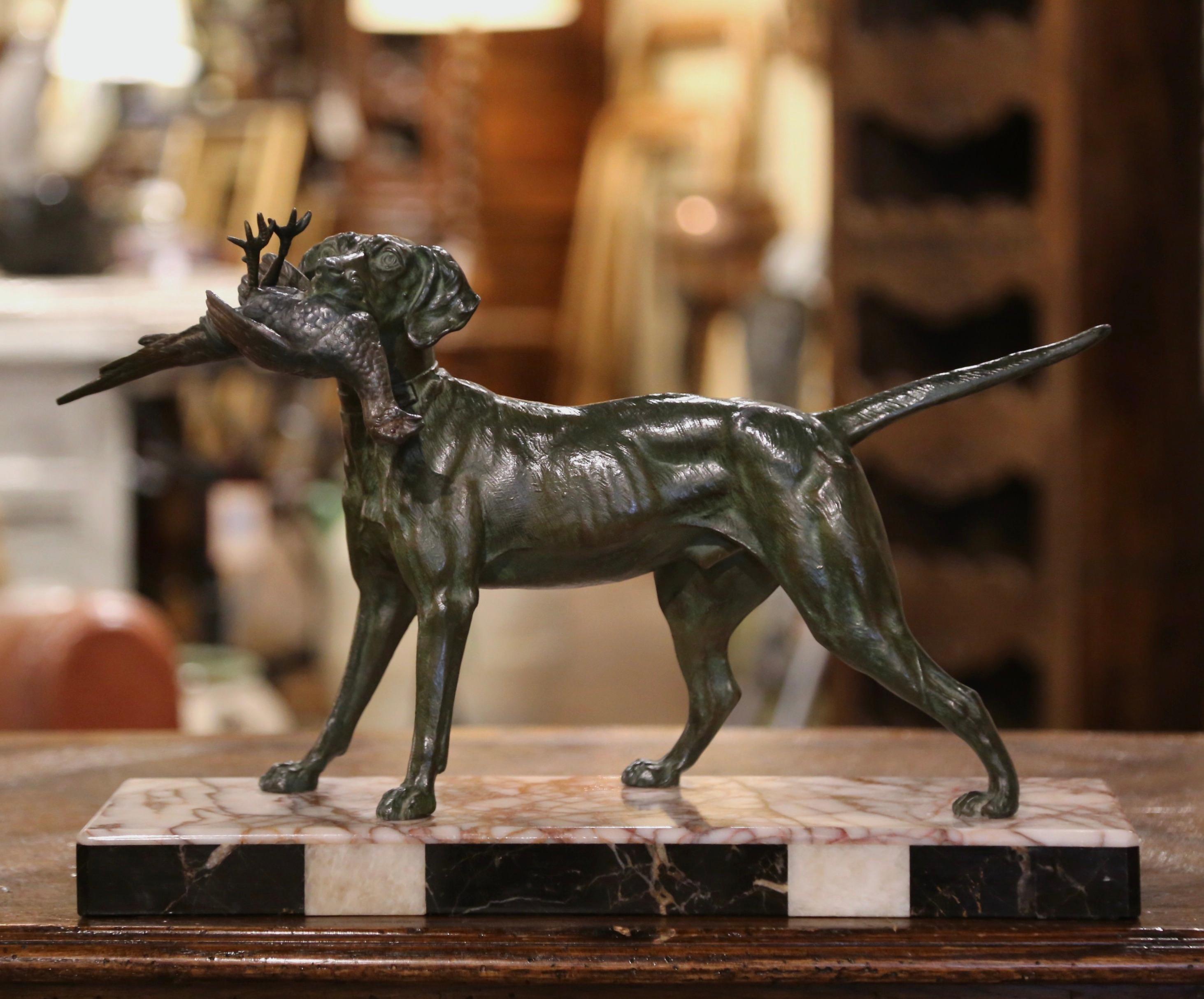 Louis XV  19th Century French Spelter Hunt Dog and Bird Sculpture on Marble Base 