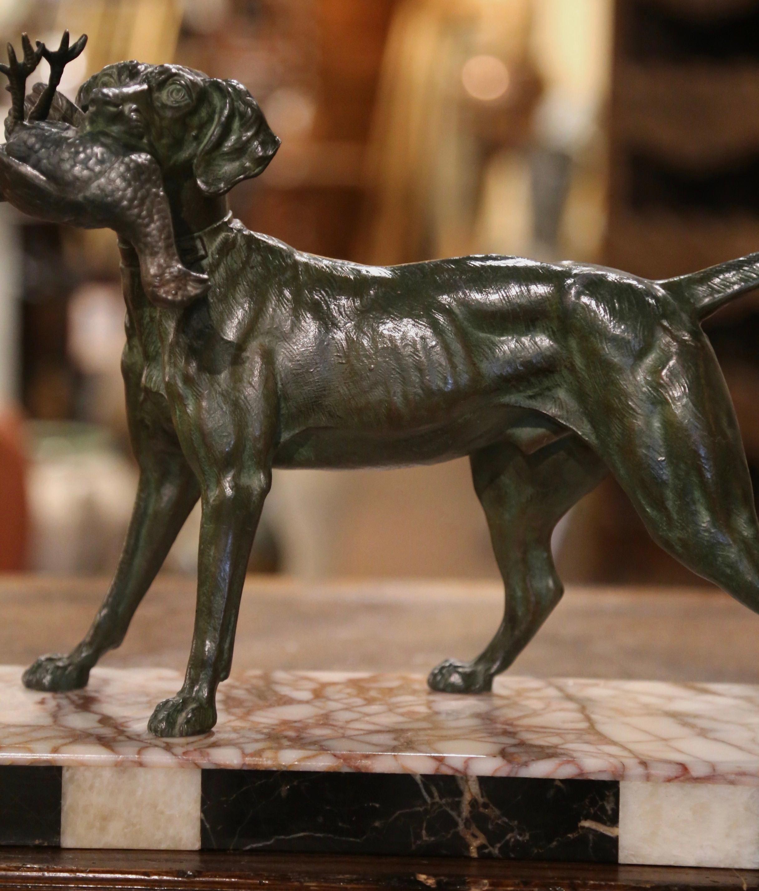 Hand-Crafted  19th Century French Spelter Hunt Dog and Bird Sculpture on Marble Base 