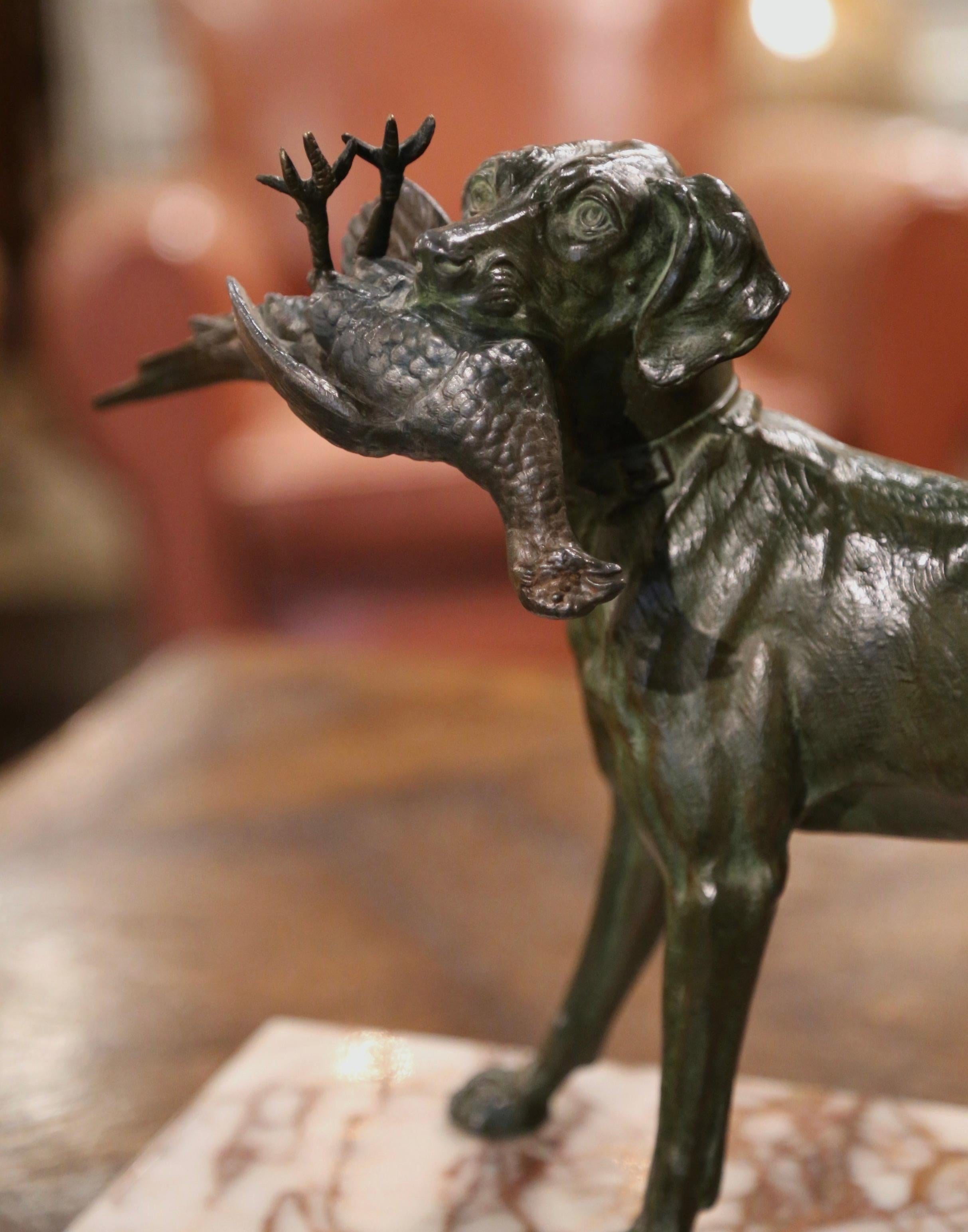  19th Century French Spelter Hunt Dog and Bird Sculpture on Marble Base  1