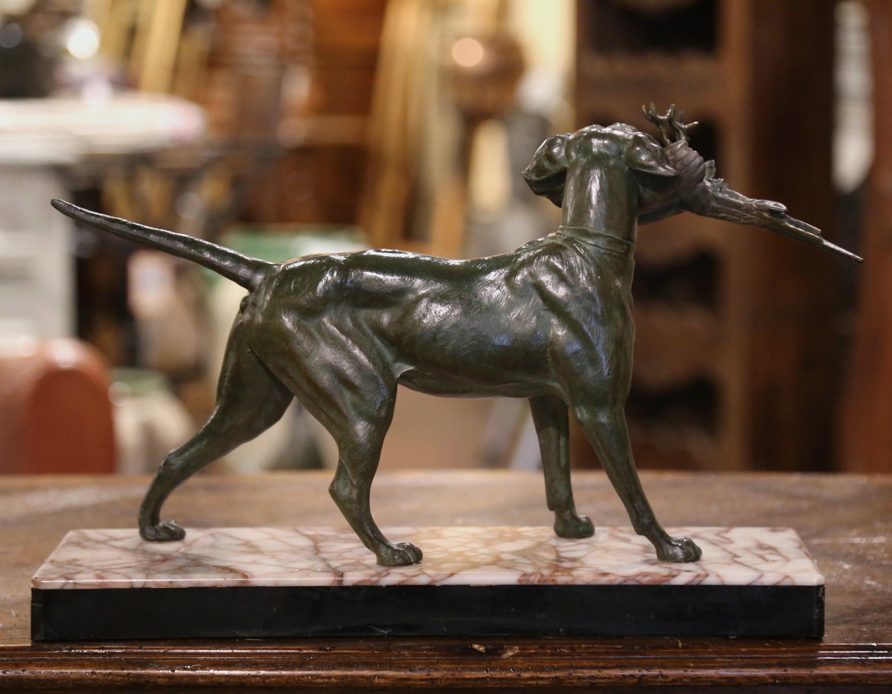  19th Century French Spelter Hunt Dog and Bird Sculpture on Marble Base  2