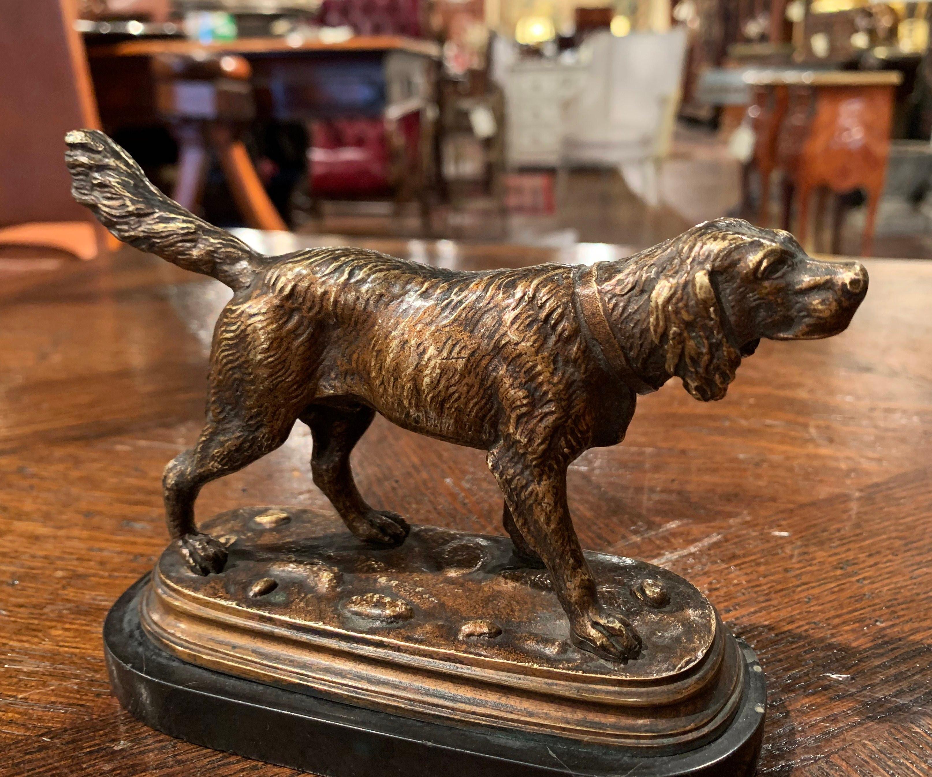 This antique bronze sculpture was created in France, circa 1870. Standing on a black marble base, the composition features a setter walking on rocky ground and looking ahead. The elegant piece is in excellent condition with wonderful details and