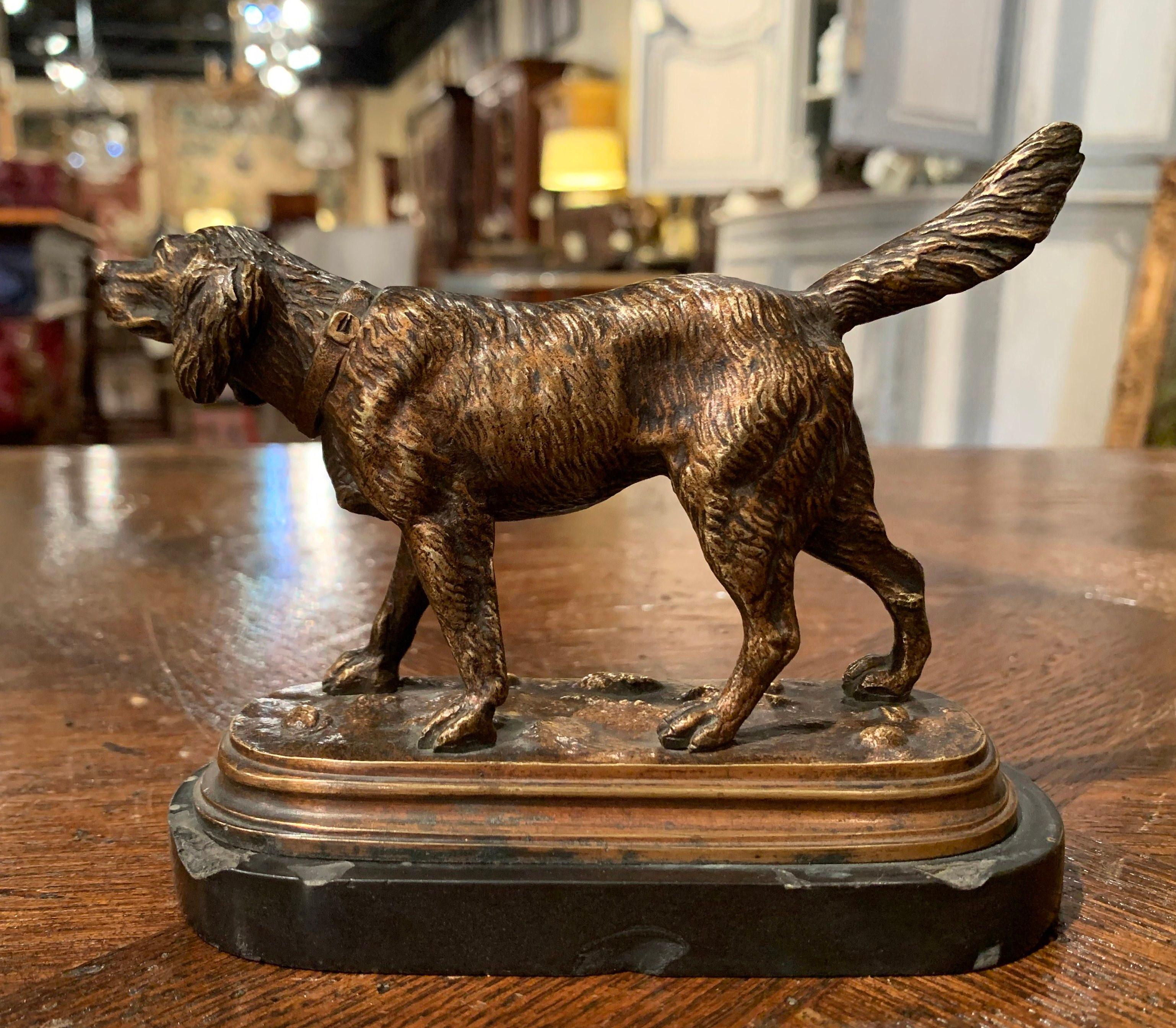 Hand-Crafted 19th Century French Bronze Hunt Dog Sculpture on Marble Base after Jules Moiniez