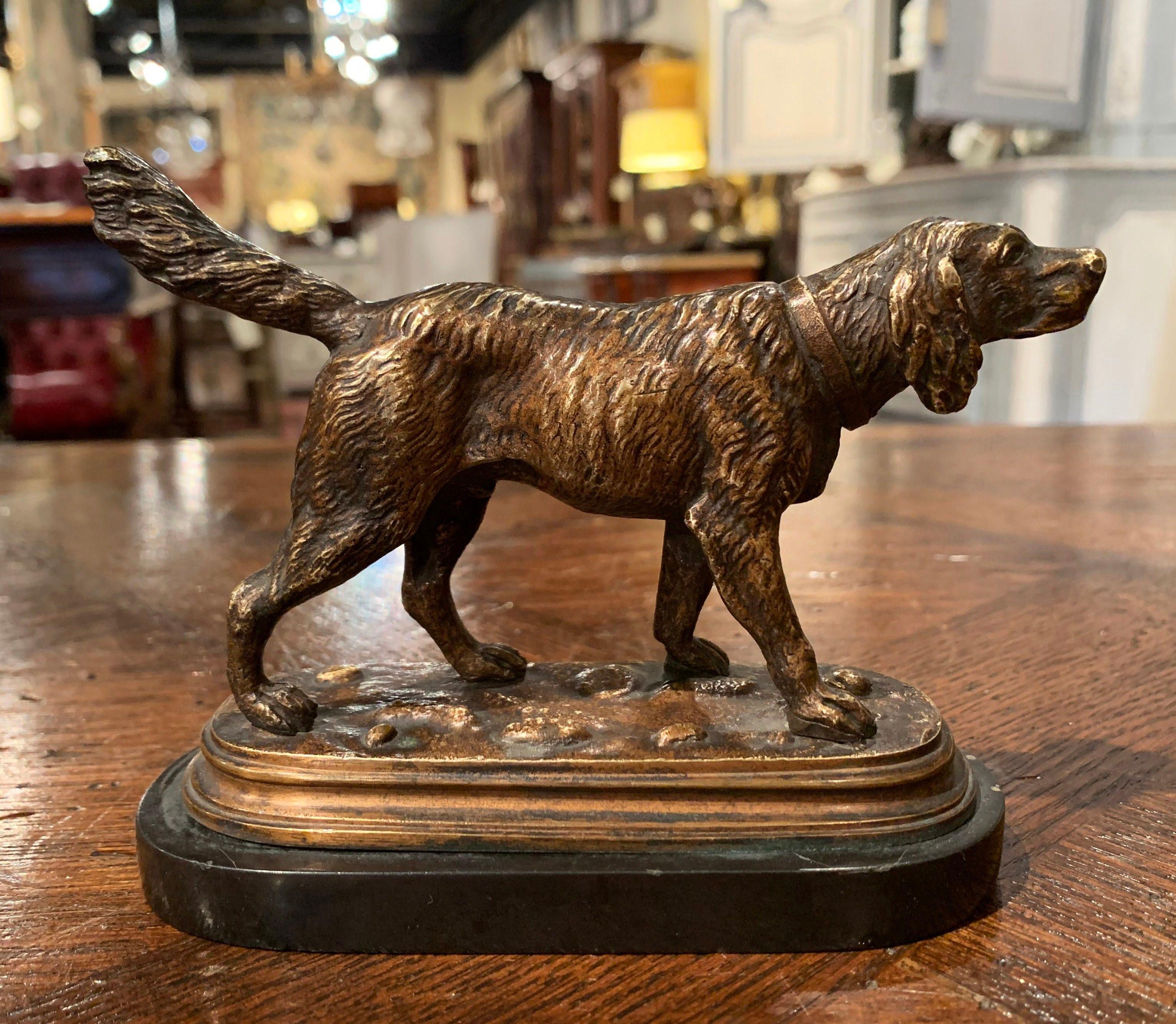 19th Century French Bronze Hunt Dog Sculpture on Marble Base after Jules Moiniez In Good Condition In Dallas, TX