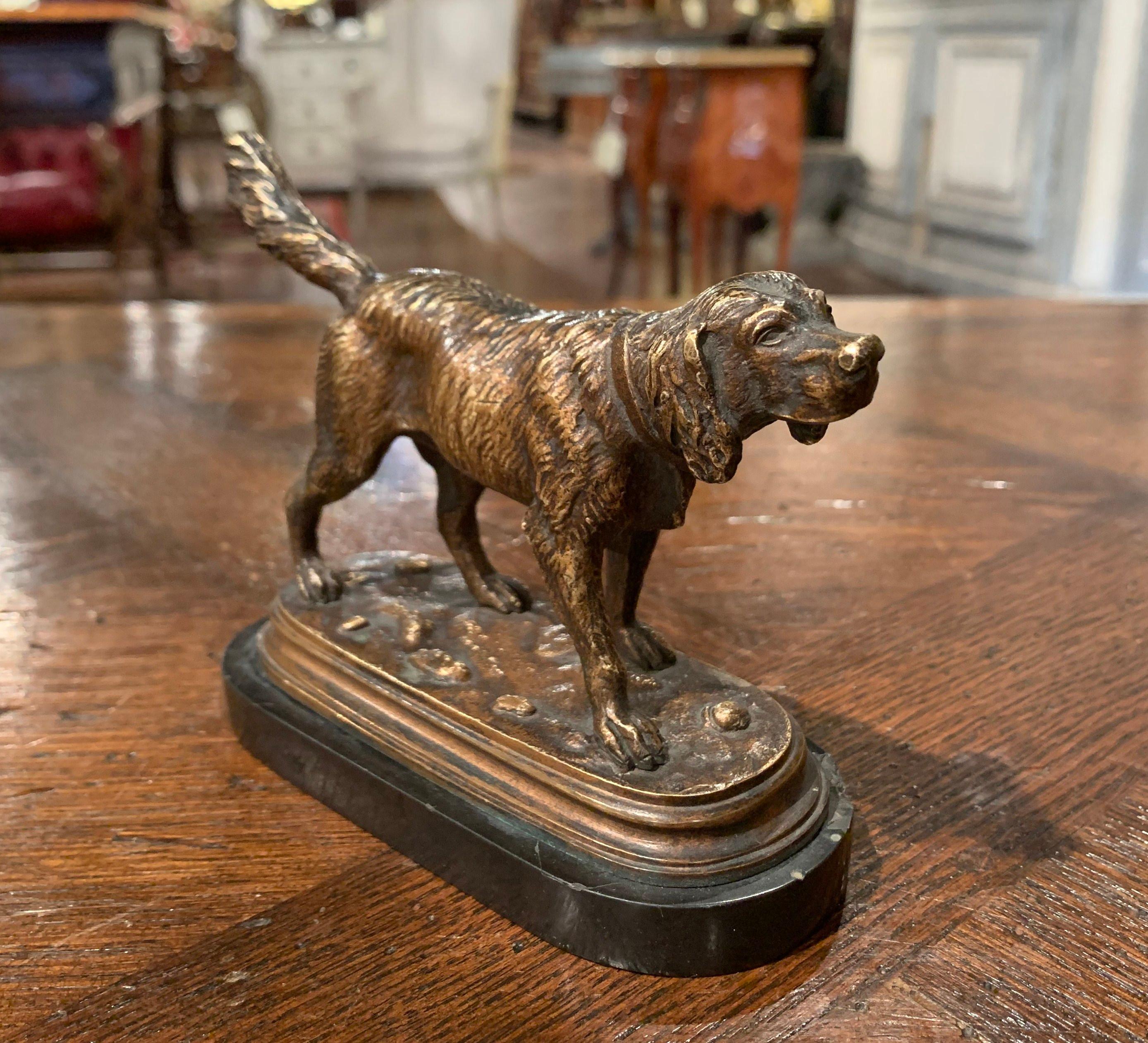 19th Century French Bronze Hunt Dog Sculpture on Marble Base after Jules Moiniez 1