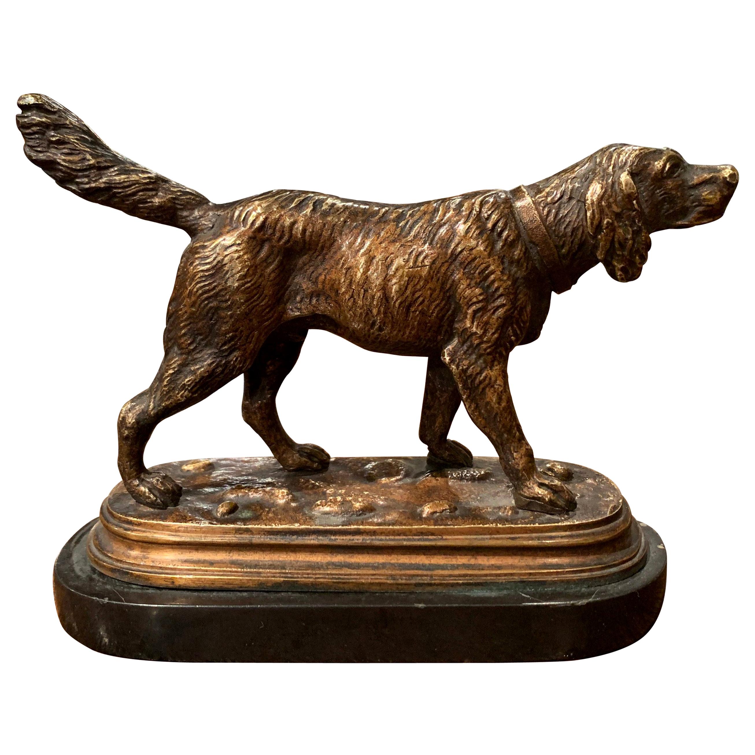 19th Century French Bronze Hunt Dog Sculpture on Marble Base after Jules Moiniez