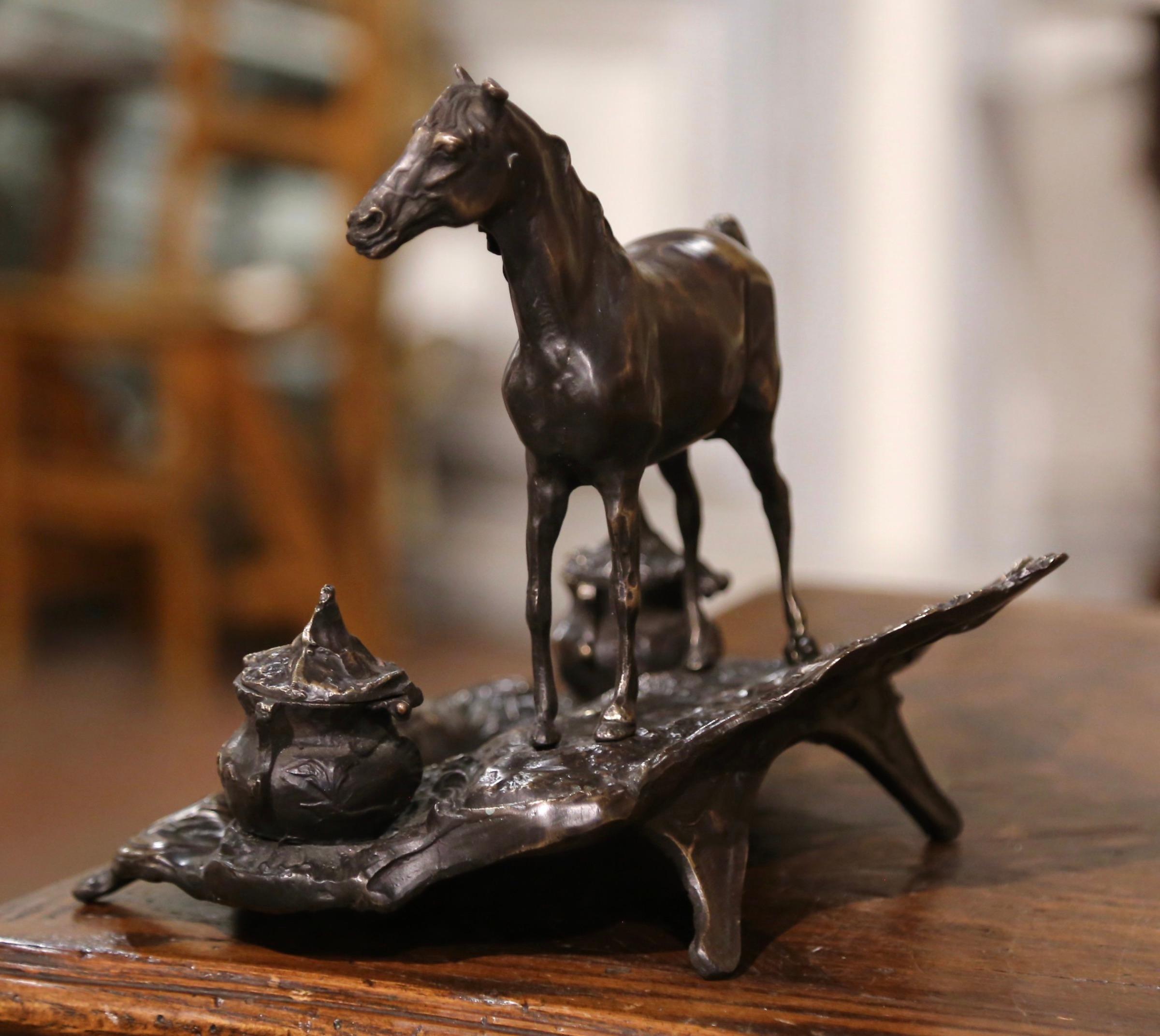 19th Century French Bronze Inkwell with Horse Sculpture Signed P.J. Mêne For Sale 6
