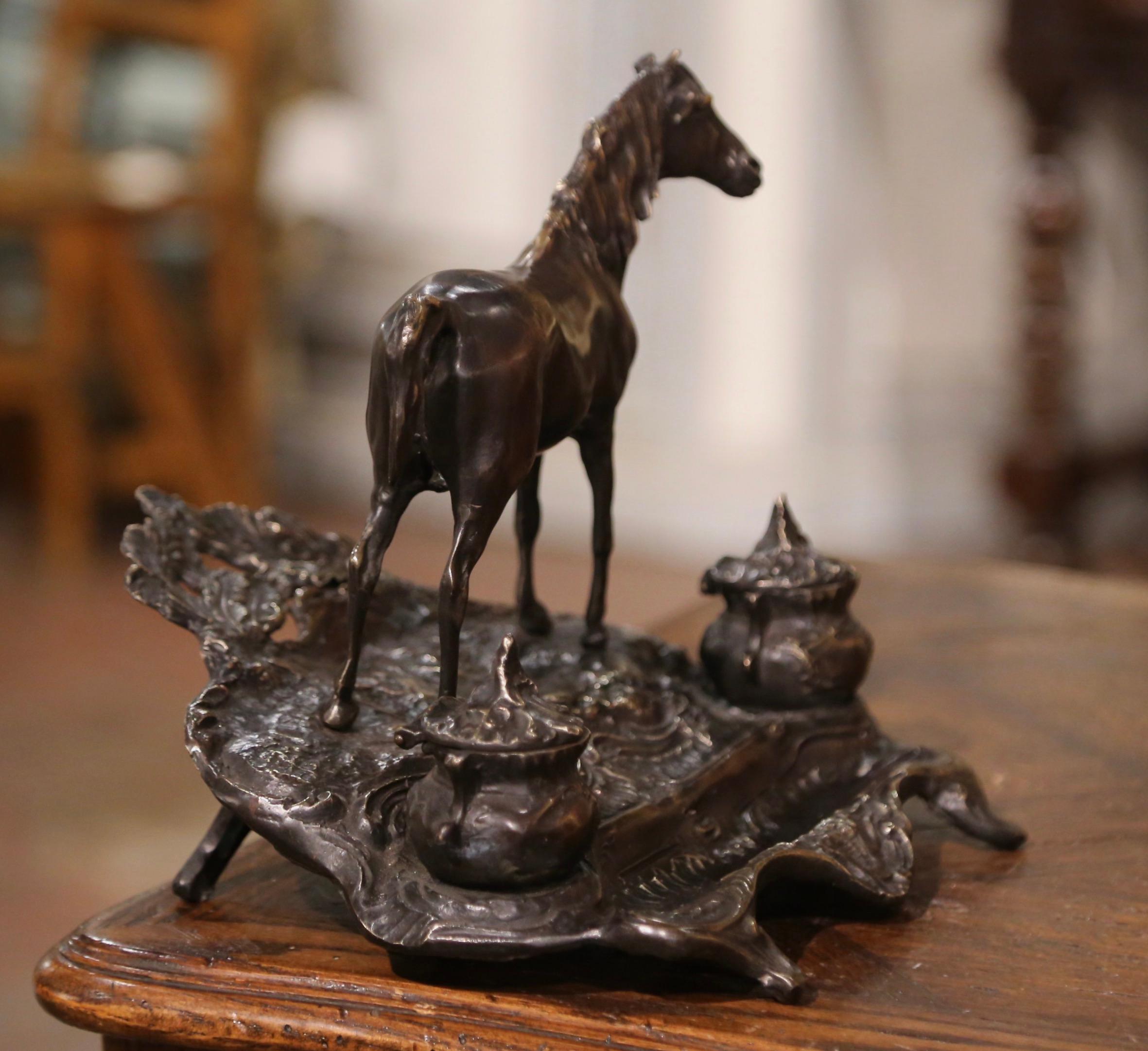 19th Century French Bronze Inkwell with Horse Sculpture Signed P.J. Mêne For Sale 7
