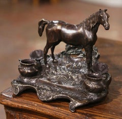 19th Century French Bronze Inkwell with Horse Sculpture Signed P.J. Mêne