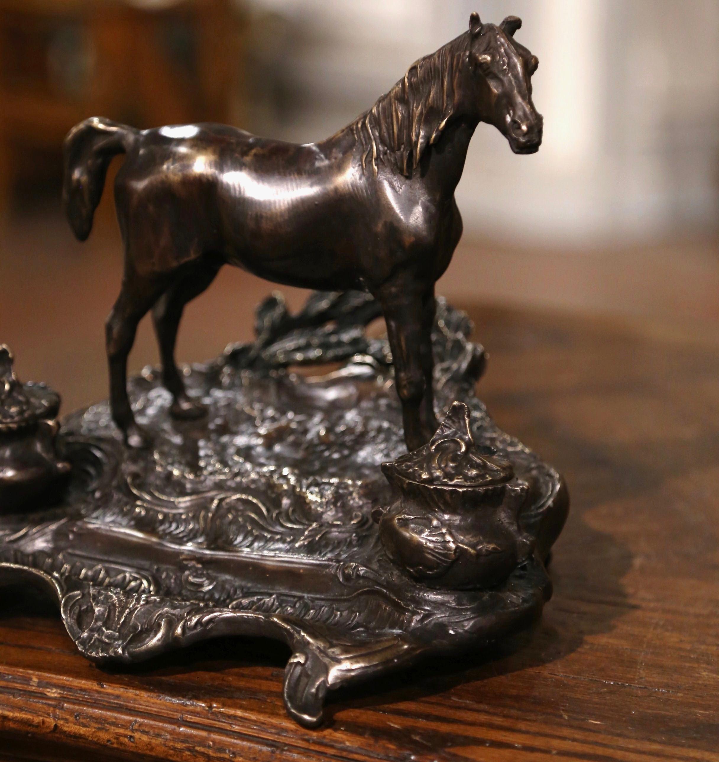 Hand-Crafted 19th Century French Bronze Inkwell with Horse Sculpture Signed P.J. Mêne For Sale
