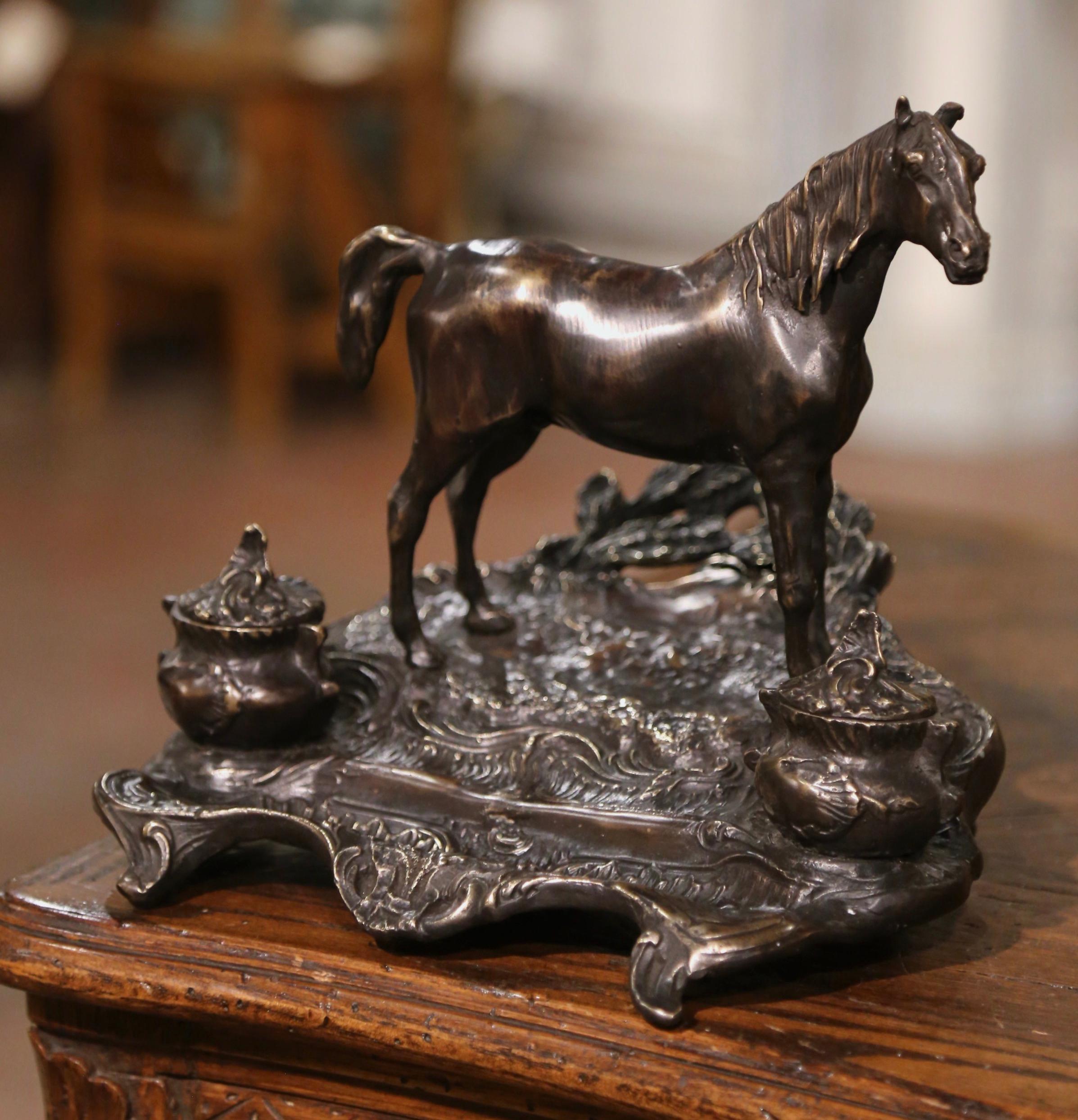 19th Century French Bronze Inkwell with Horse Sculpture Signed P.J. Mêne For Sale 1