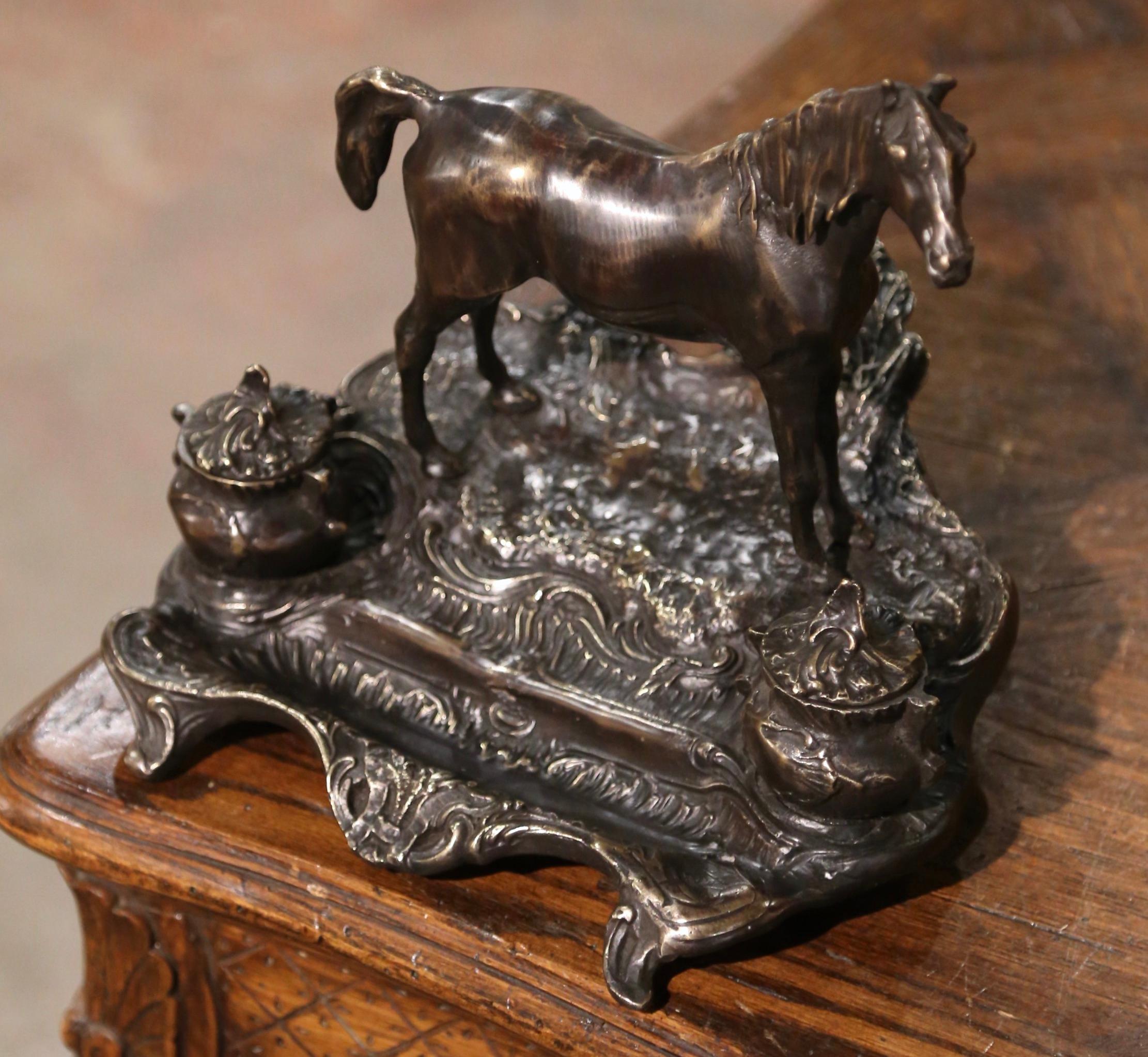 19th Century French Bronze Inkwell with Horse Sculpture Signed P.J. Mêne For Sale 4