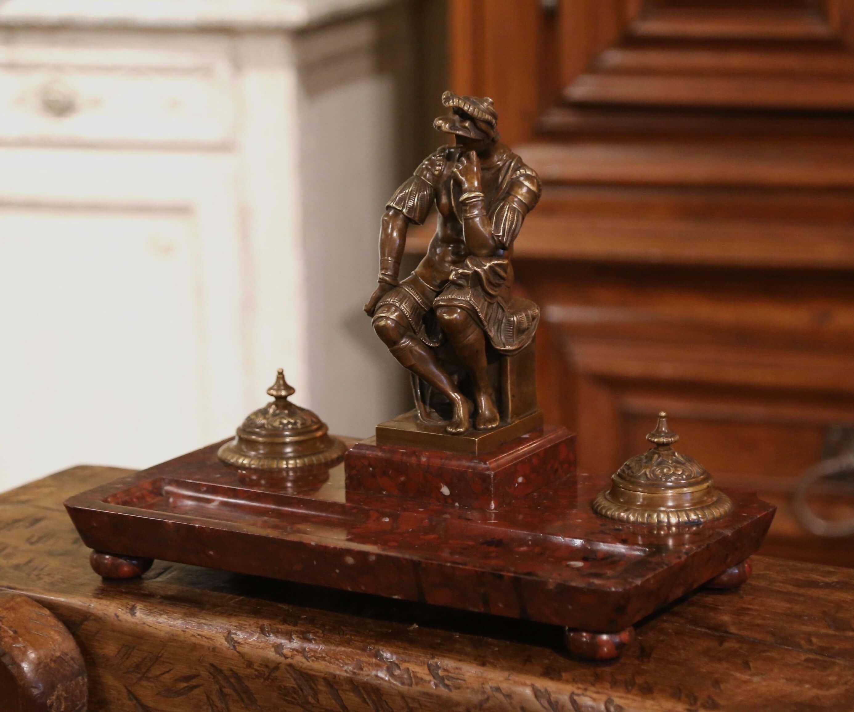 19th Century French Bronze Inkwell with Roman Figure on Brown Marble Base For Sale 5