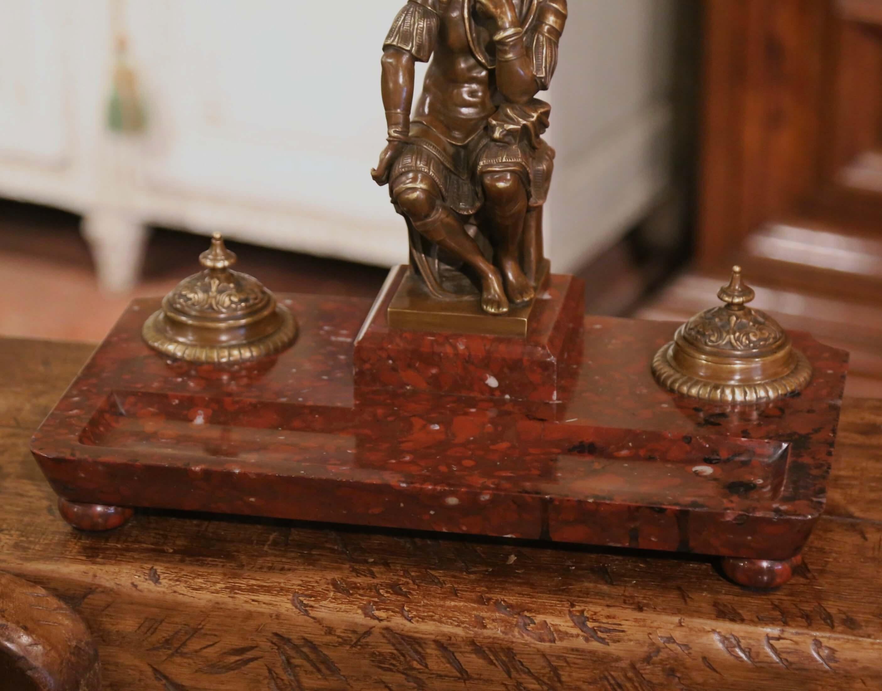 19th Century French Bronze Inkwell with Roman Figure on Brown Marble Base For Sale 6