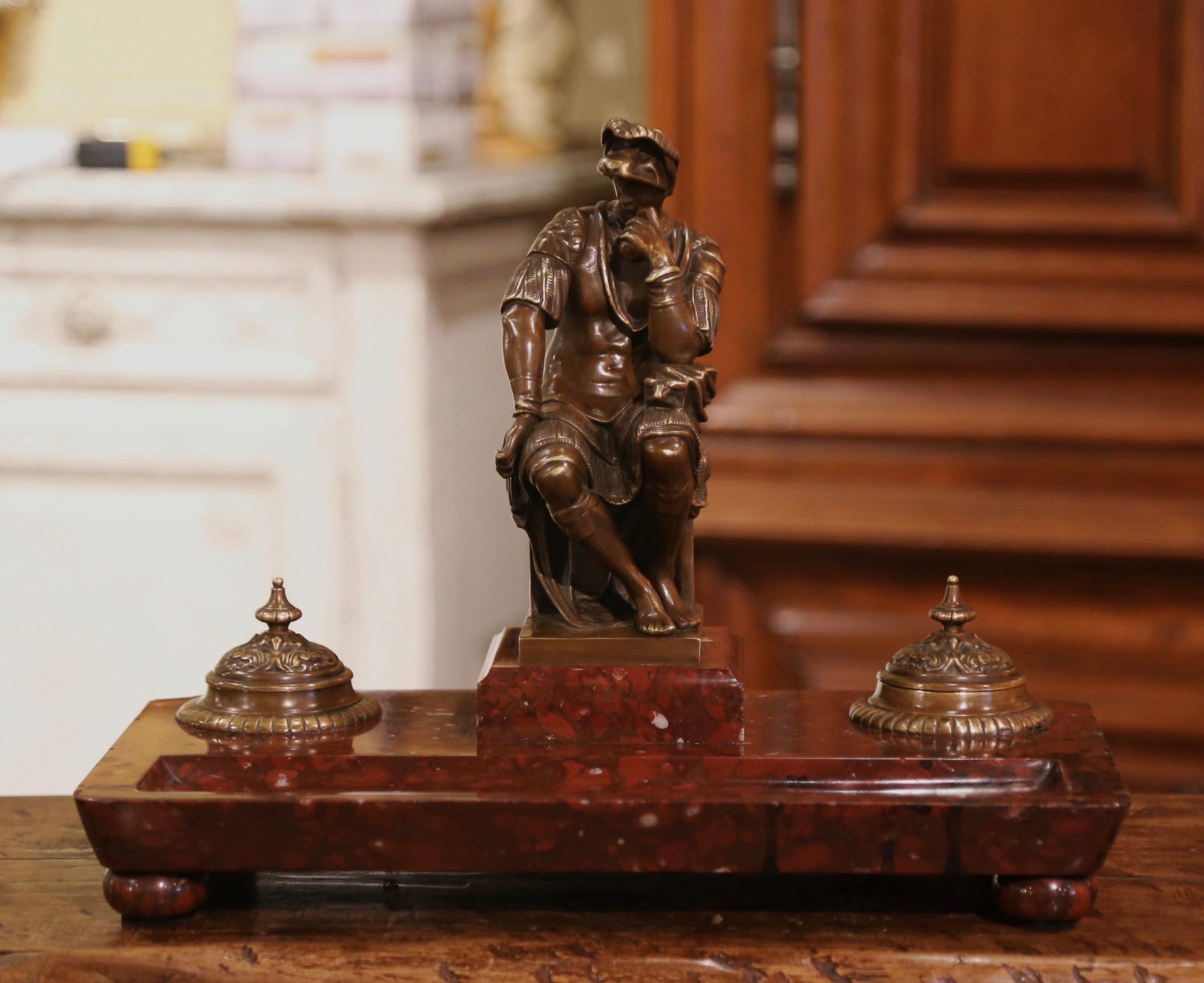 Empire 19th Century French Bronze Inkwell with Roman Figure on Brown Marble Base
