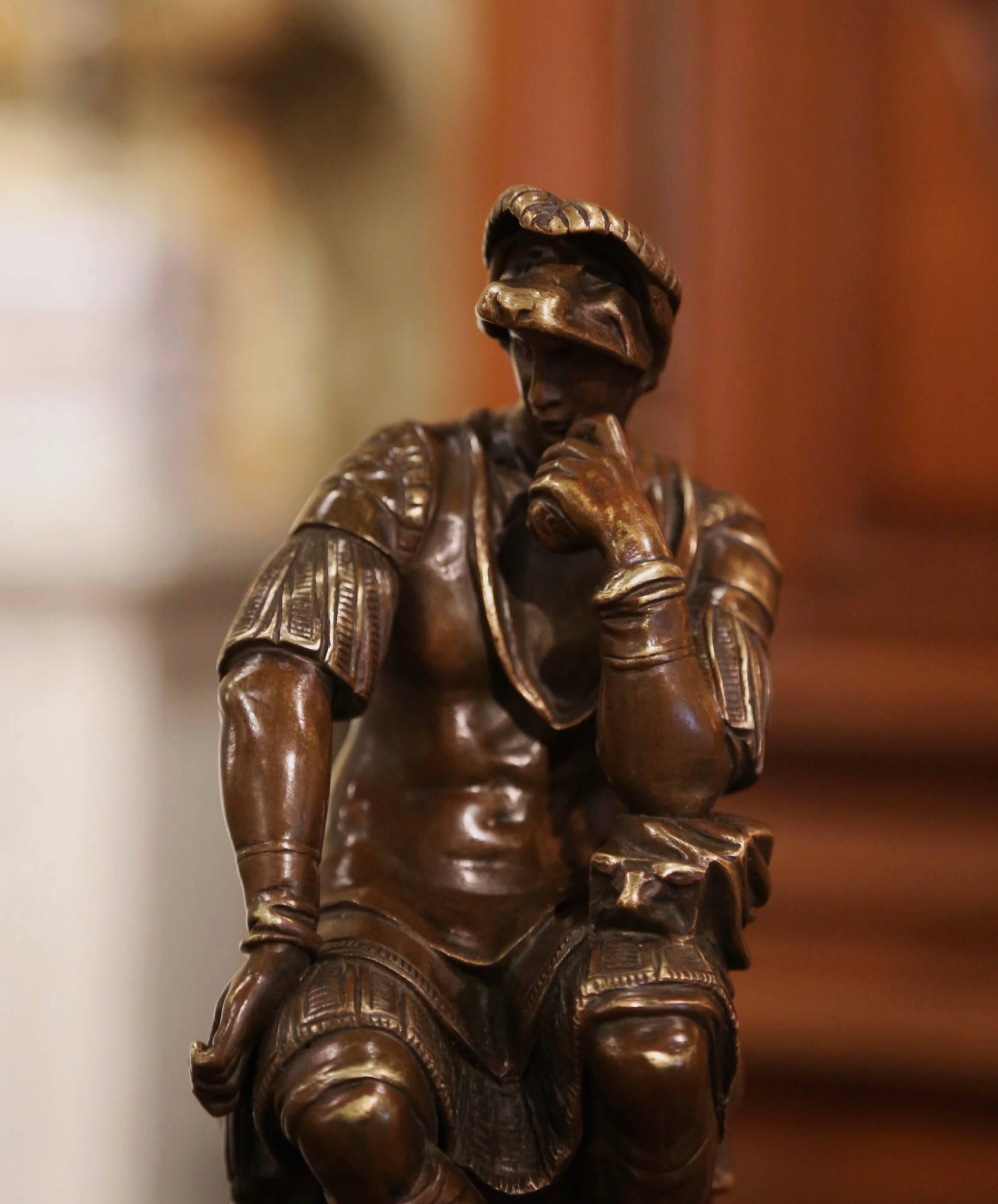 Hand-Crafted 19th Century French Bronze Inkwell with Roman Figure on Brown Marble Base For Sale