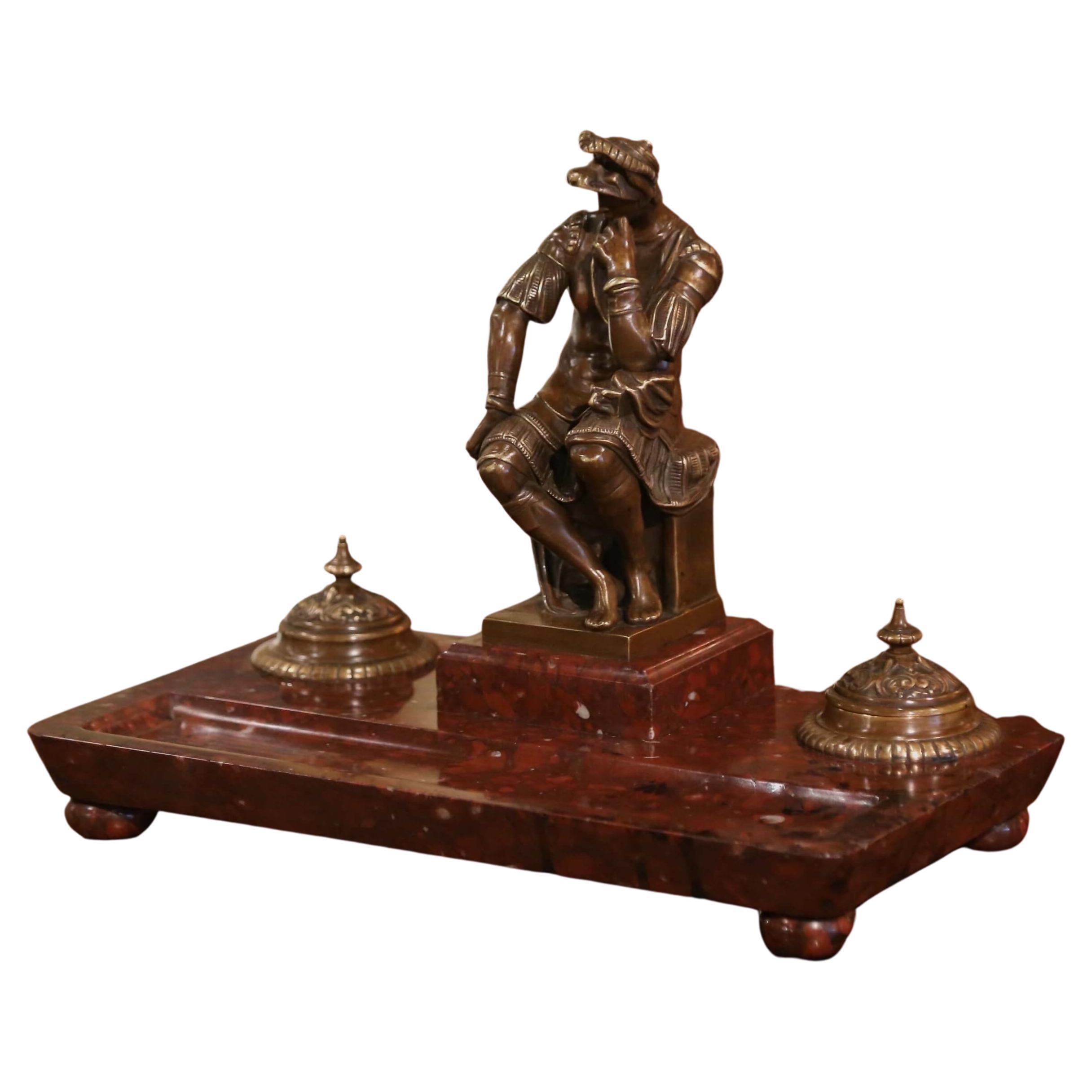 19th Century French Bronze Inkwell with Roman Figure on Brown Marble Base For Sale