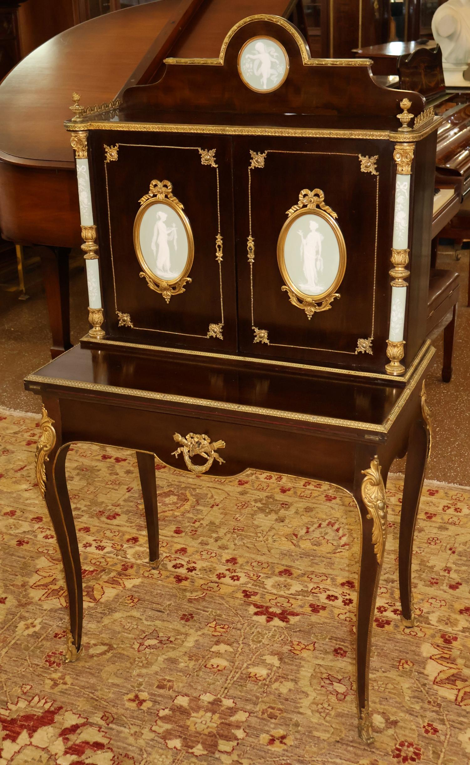 19. Jahrhundert Französisch Bronze Jaspisware Damen Schreibtisch Attr zu Charles Guillame Diehl im Zustand „Relativ gut“ im Angebot in Long Branch, NJ