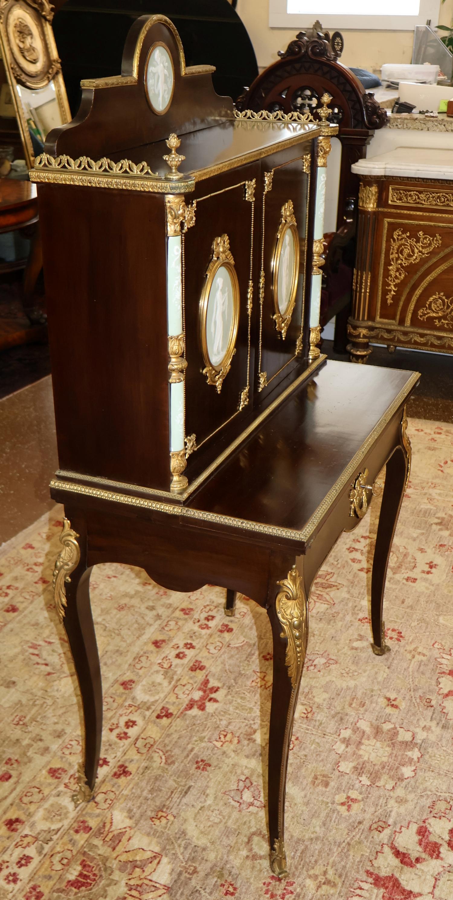 19. Jahrhundert Französisch Bronze Jaspisware Damen Schreibtisch Attr zu Charles Guillame Diehl (Mahagoni) im Angebot