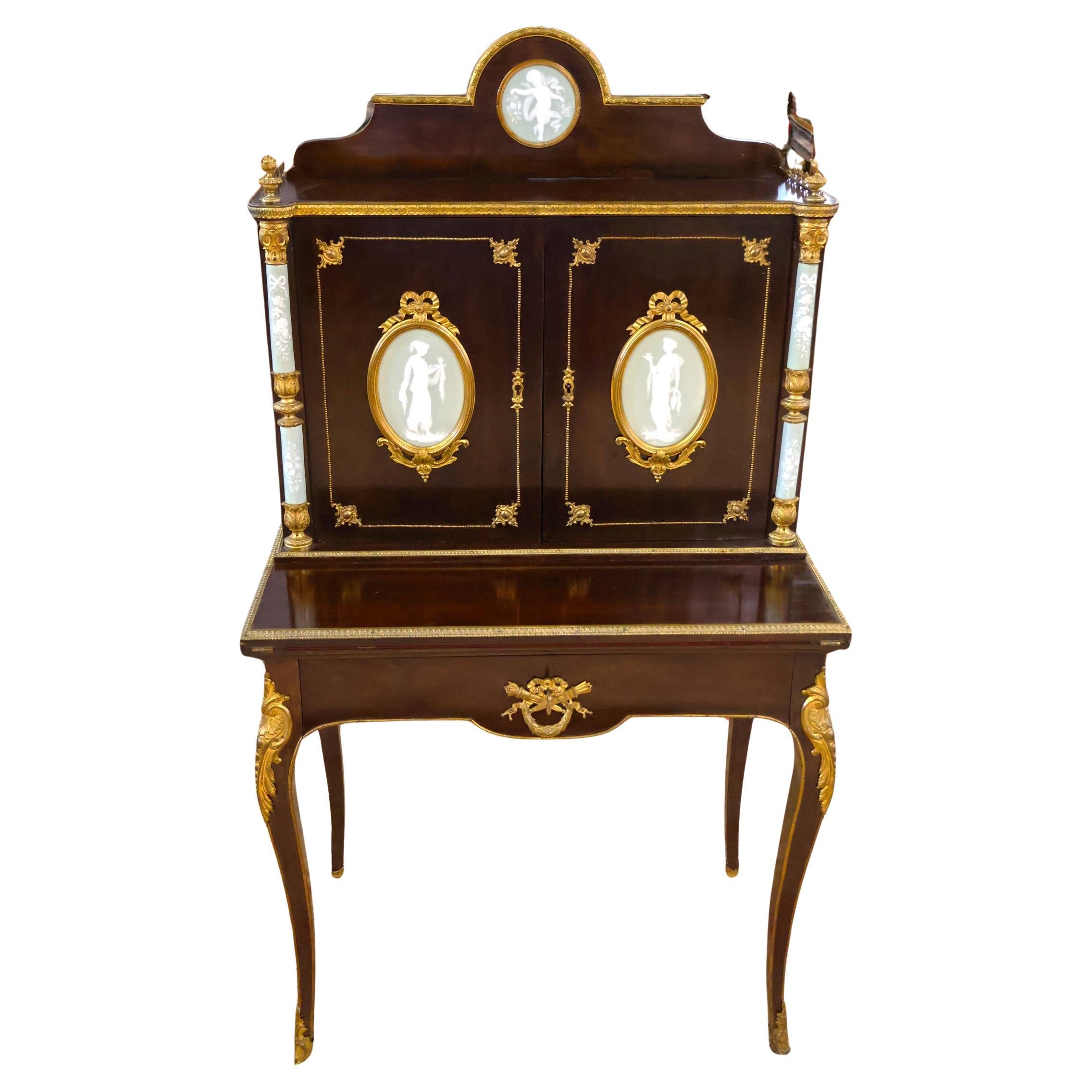 19. Jahrhundert Französisch Bronze Jaspisware Damen Schreibtisch Attr zu Charles Guillame Diehl im Angebot