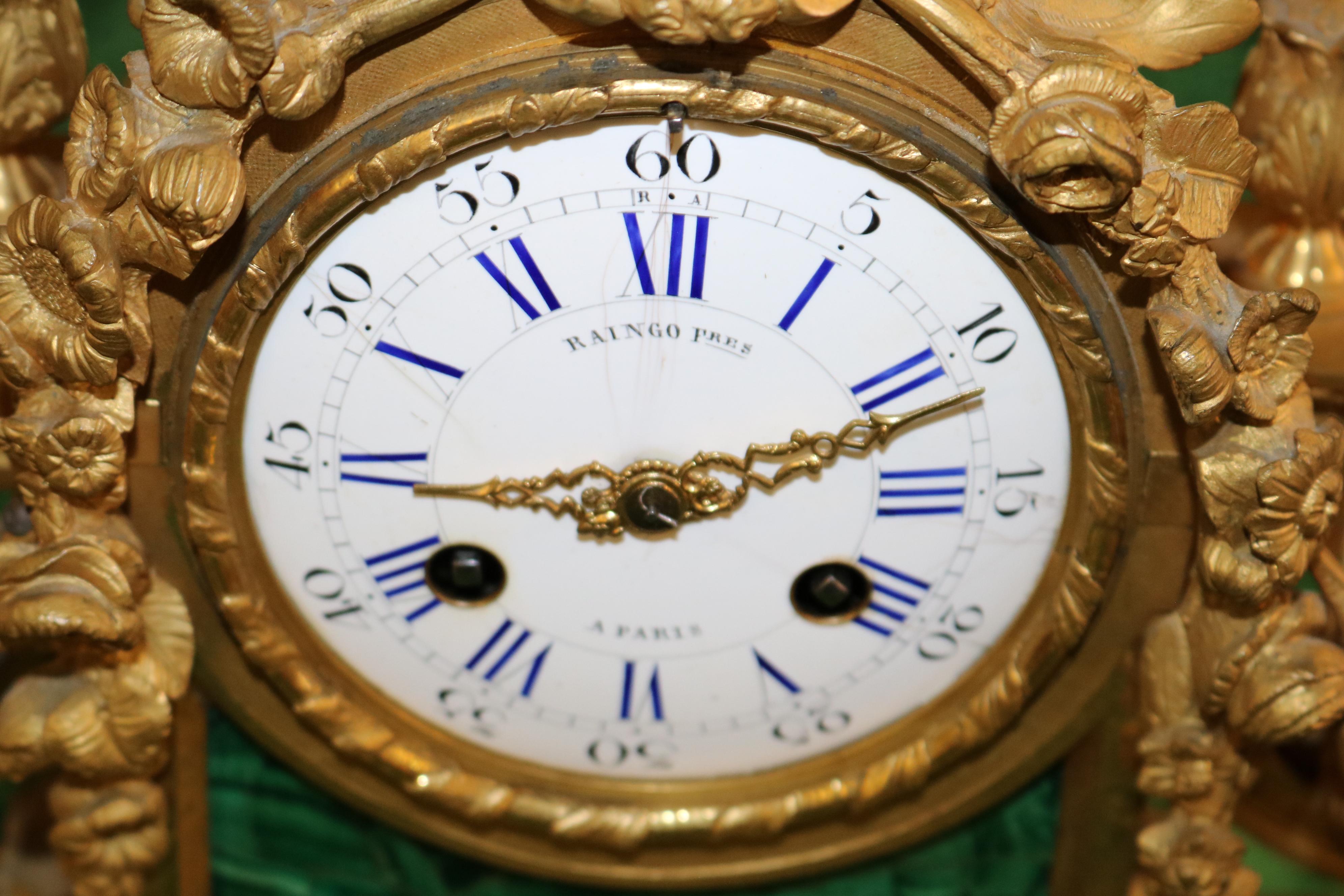 19th Century French Bronze & Malachite Mantel Clock By Raingo Freres Paris For Sale 5