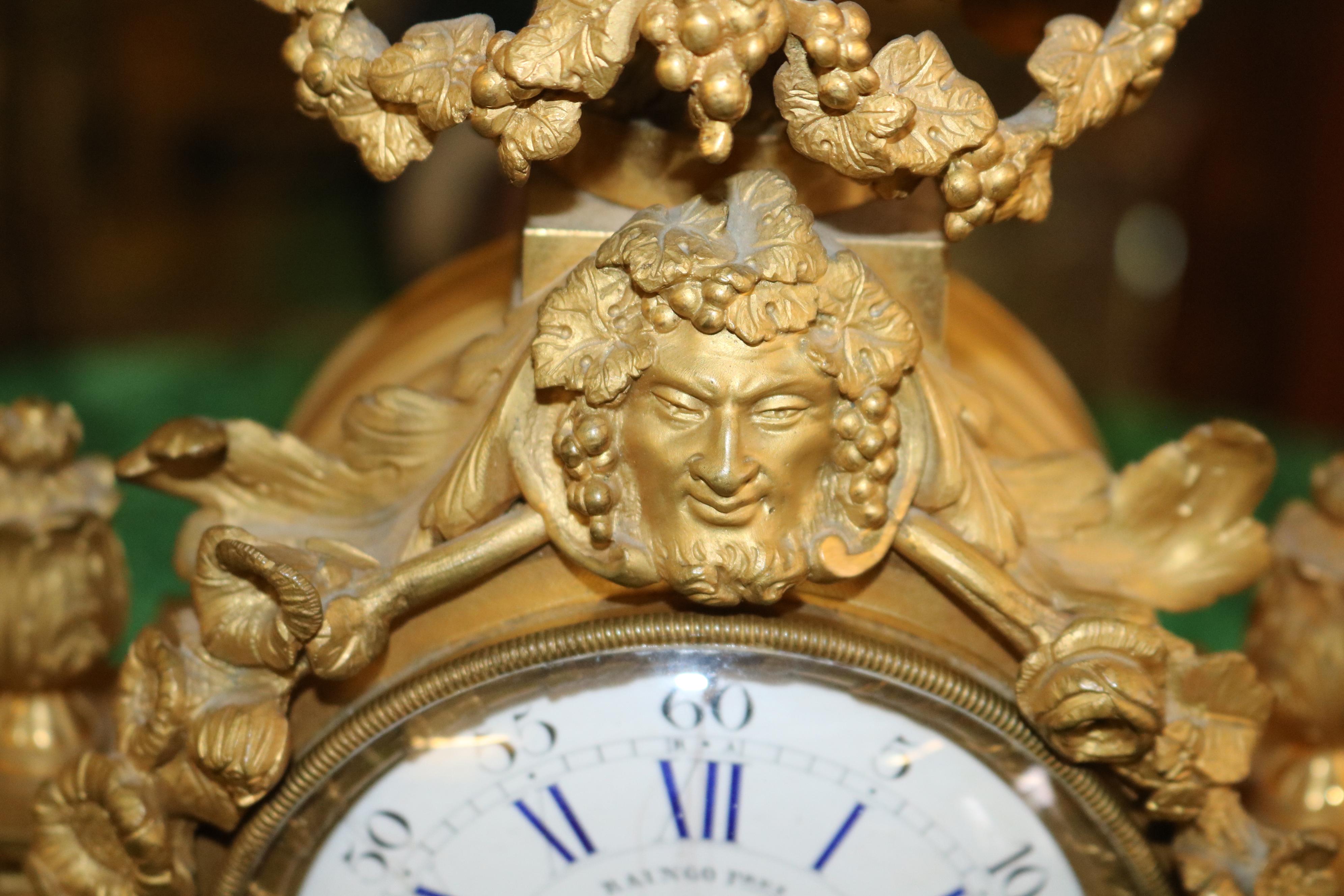 Cast 19th Century French Bronze & Malachite Mantel Clock By Raingo Freres Paris For Sale