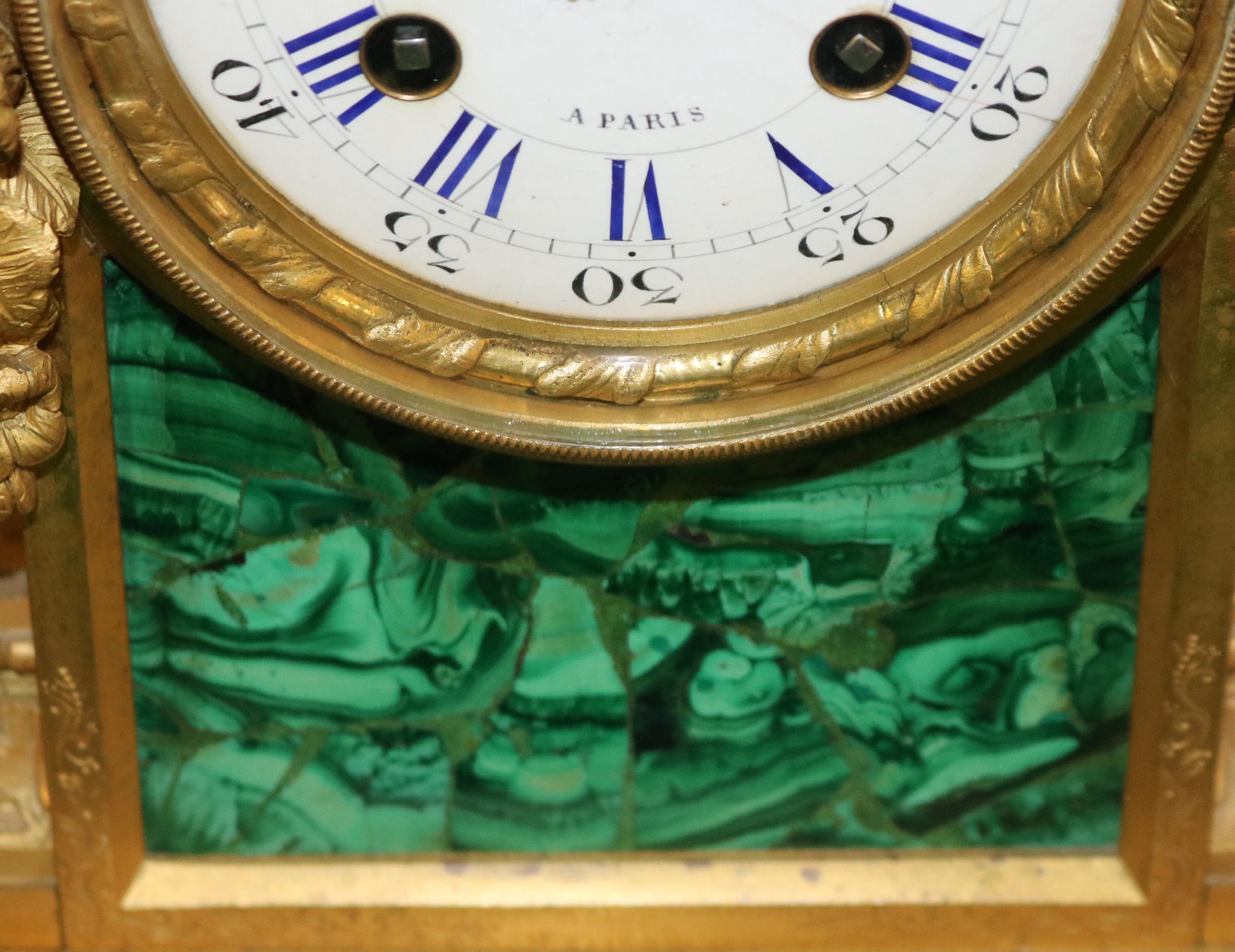 19th Century French Bronze & Malachite Mantel Clock By Raingo Freres Paris For Sale 4