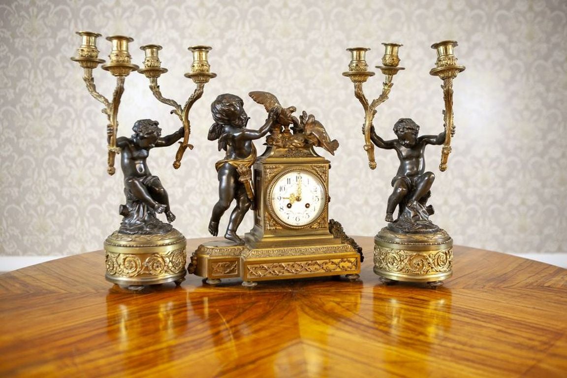 Napoleon III French Bronze Mantel Clock Set from the 19th Century For Sale