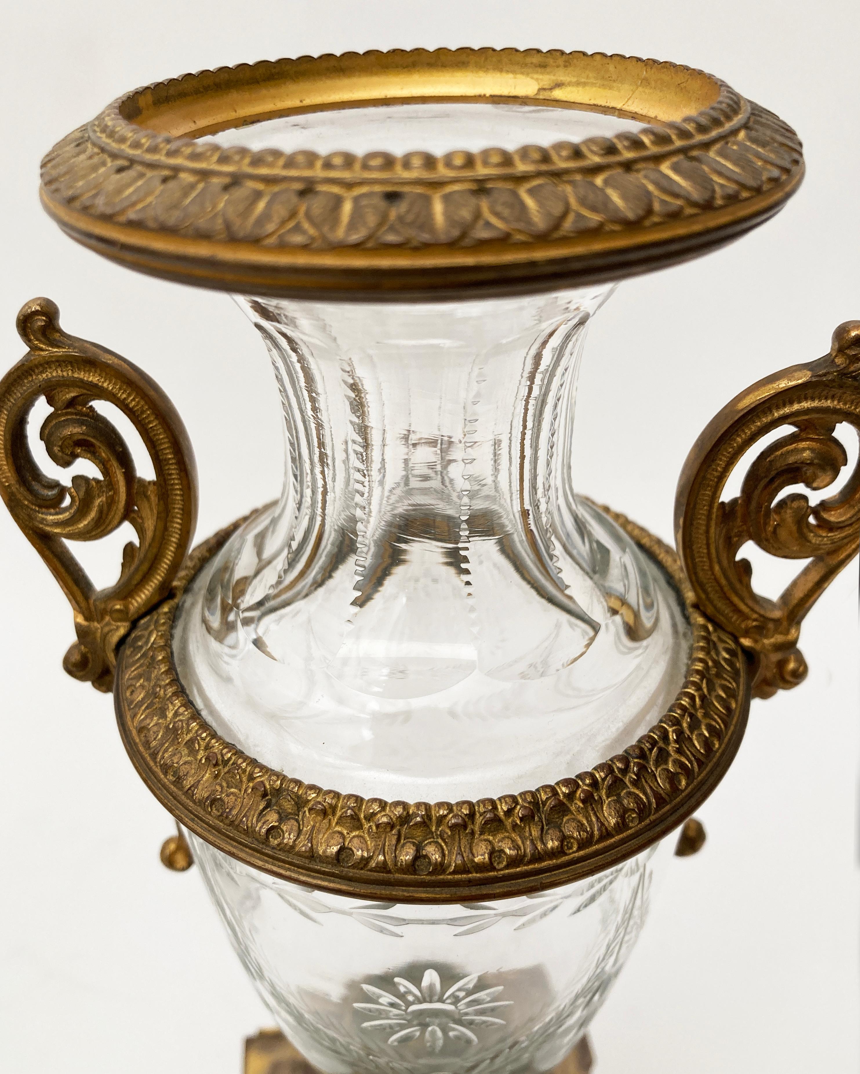 Polished 19th Century French Bronze Metal and Crystal Urn, Pair,  attributed to Baccarat  For Sale