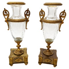 Antique 19th Century French Bronze Metal and Crystal Urn, Pair,  attributed to Baccarat 