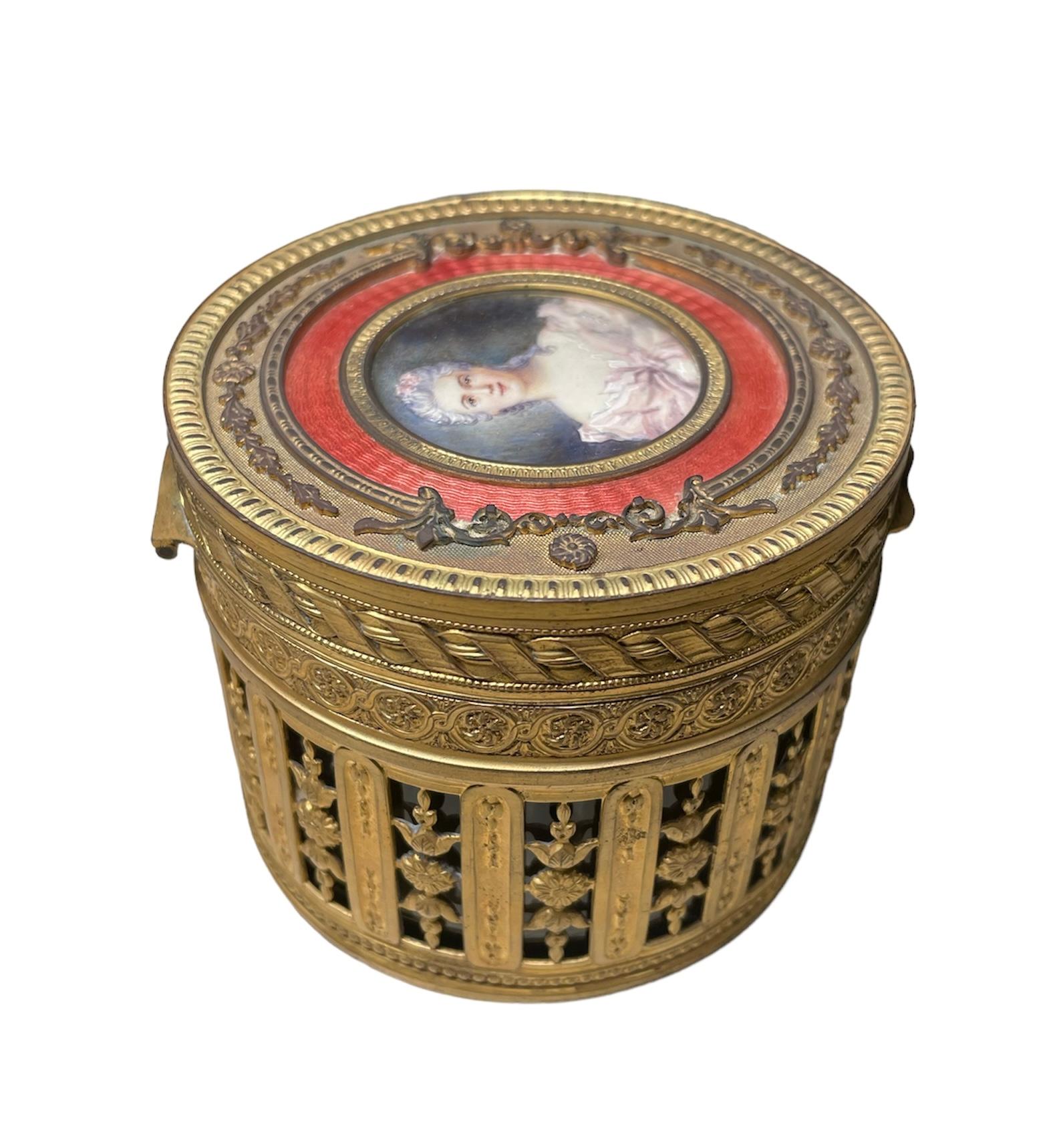 Inlay 19th Century French Bronze Metal Overlayed Vanity Powder/Jewelry Glass Jar/Box For Sale