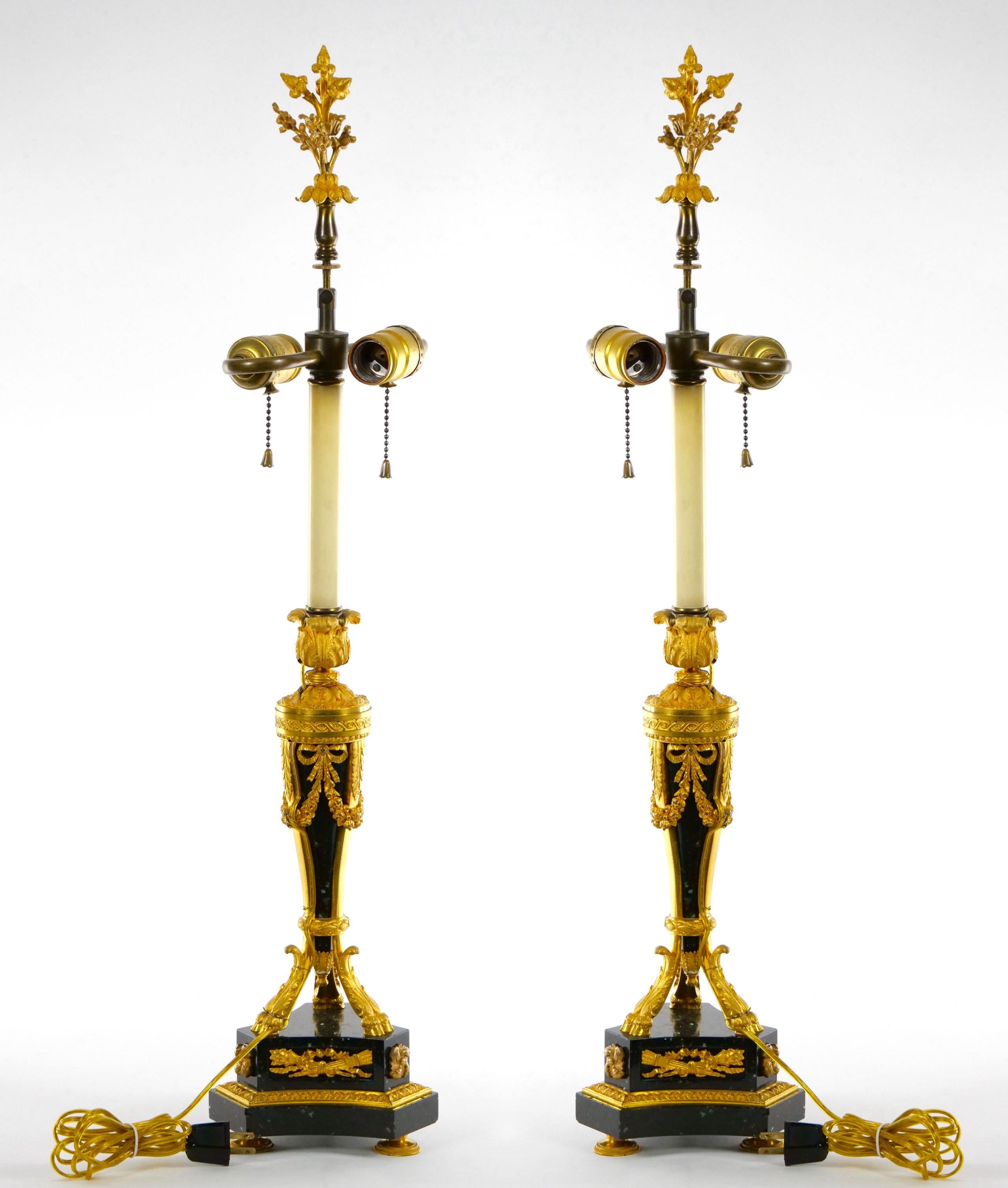 Gilt 19th Century French Bronze Mounted / Black Marble Pair Table Lamp For Sale