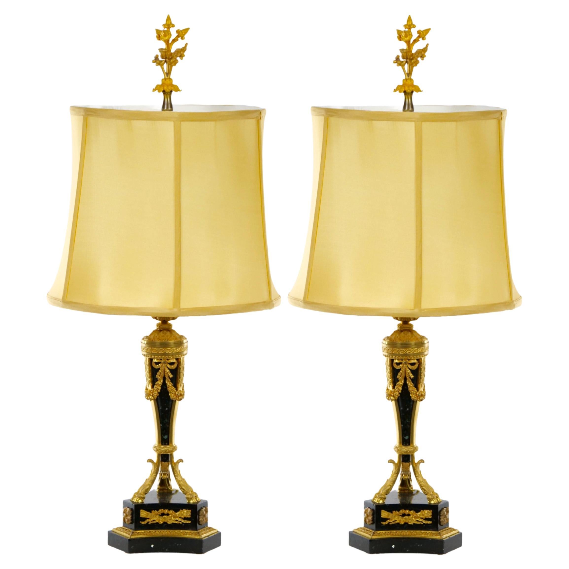 19th Century French Bronze Mounted / Black Marble Pair Table Lamp For Sale