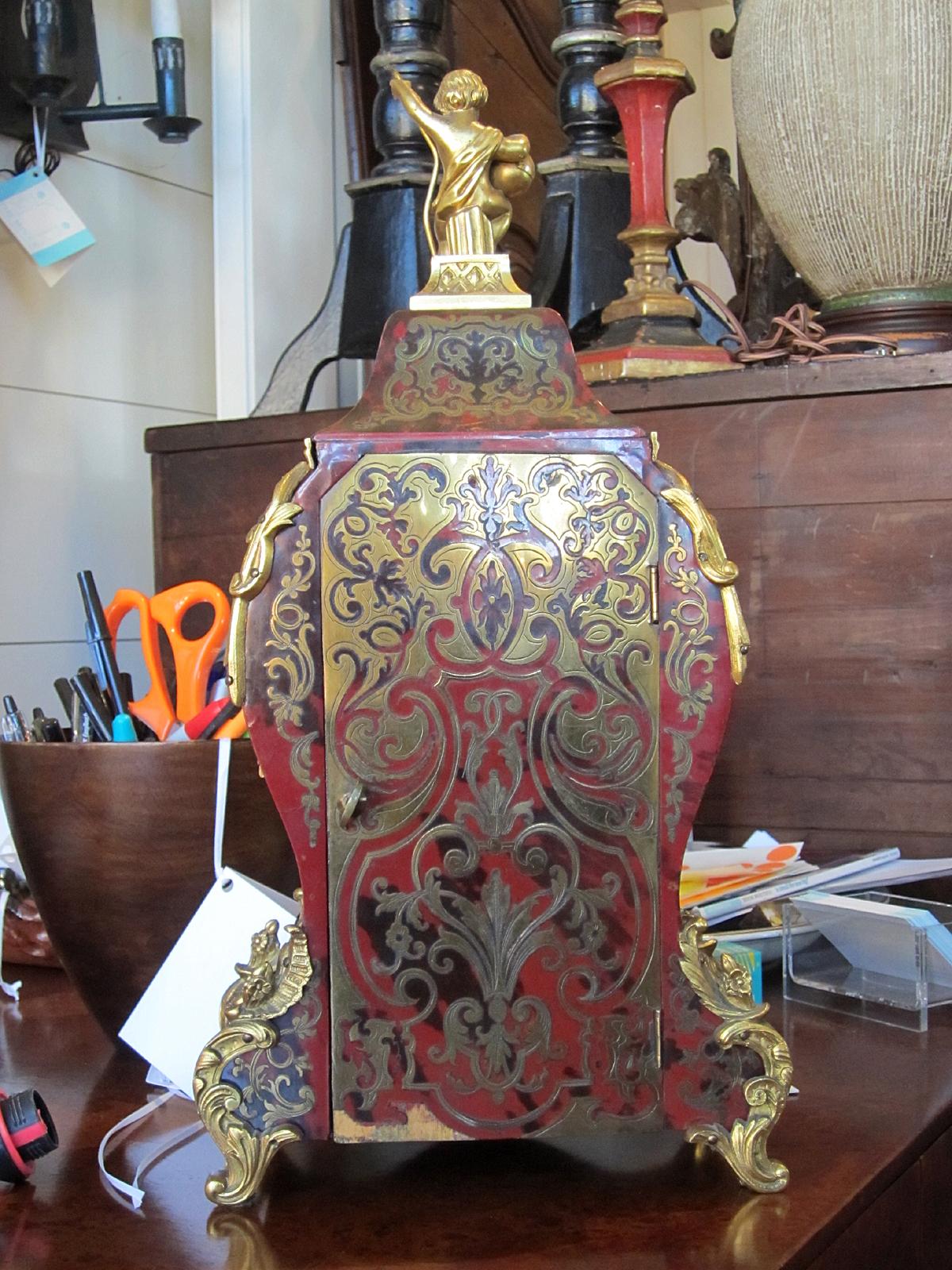 19th Century French Bronze Mounted Boule Mantle Clock with Porcelain Face For Sale 10