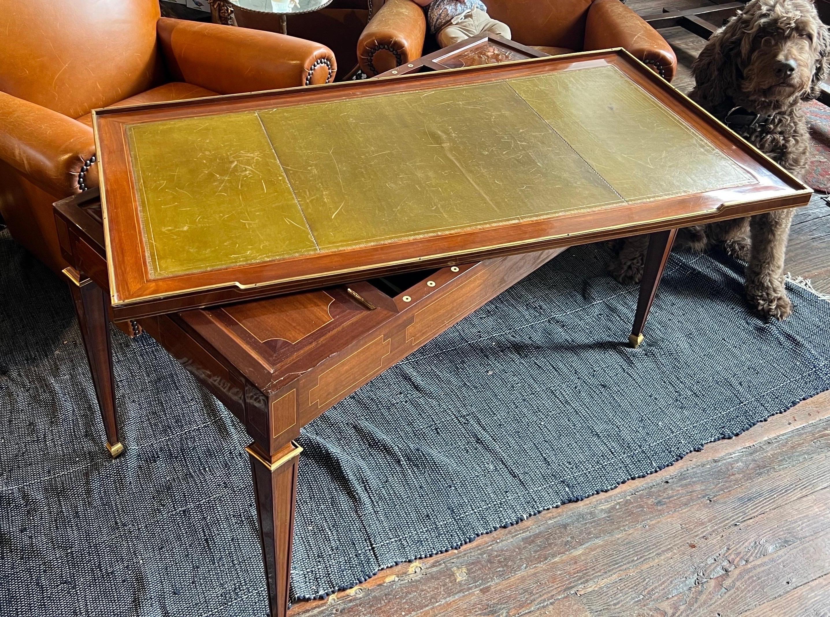 19th Century French bronze mounted leather top writing desk / tric trac table  In Good Condition For Sale In Charleston, SC